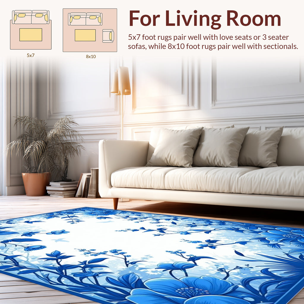 Classic Blue Floral Garden Pattern Rug