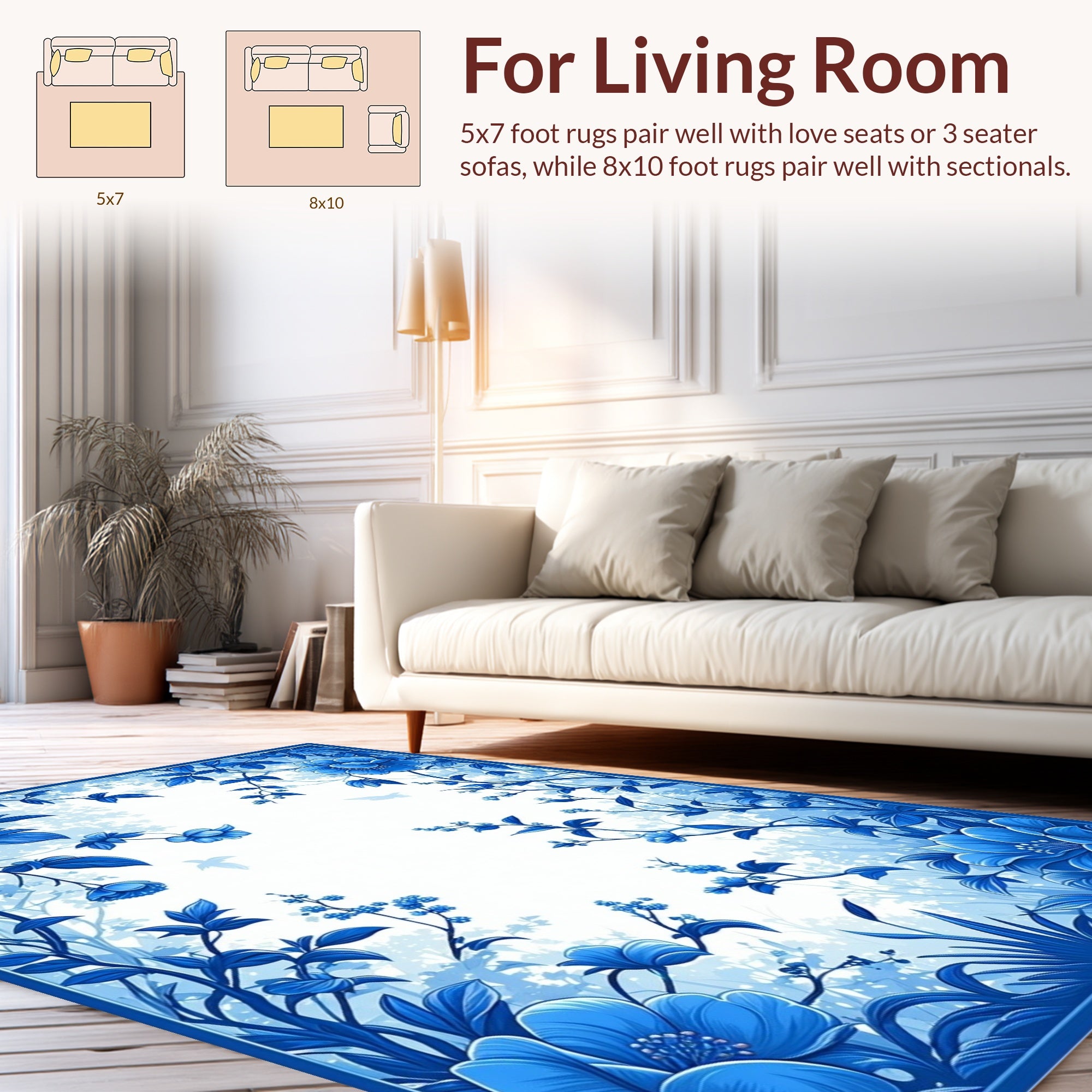 Classic Blue Floral Garden Pattern Rug