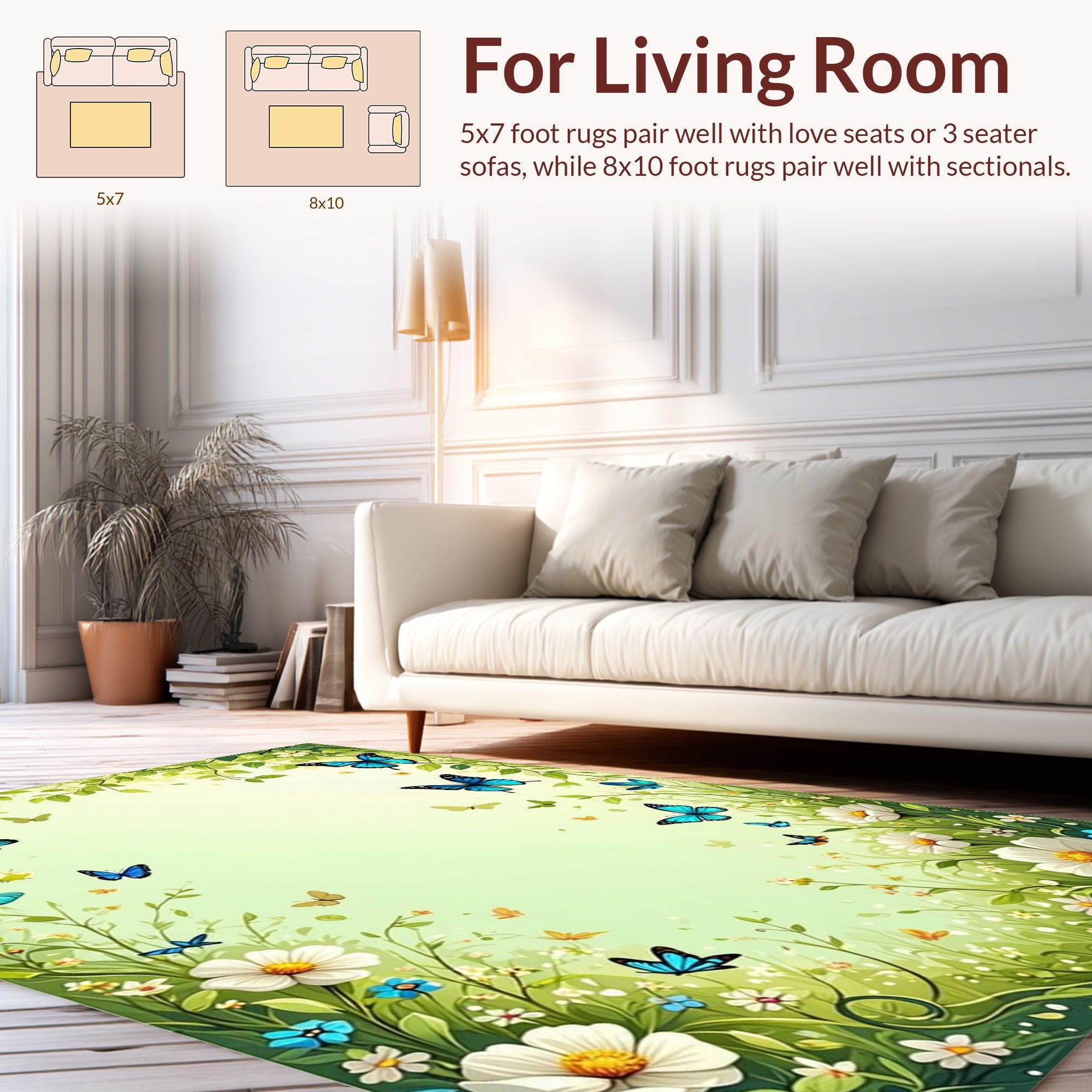 Whimsical Butterflies Floral Meadow Pattern Rug