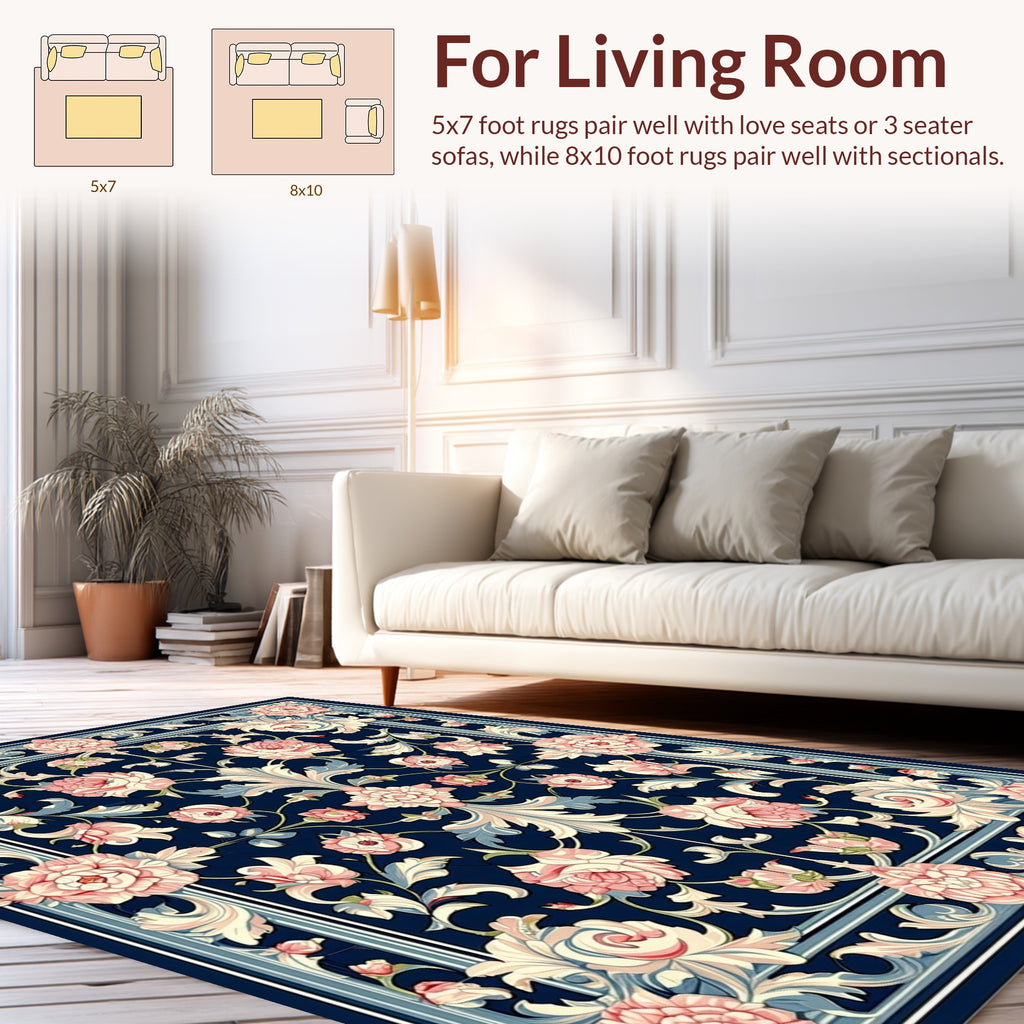 Vintage Floral Scroll Navy Rug