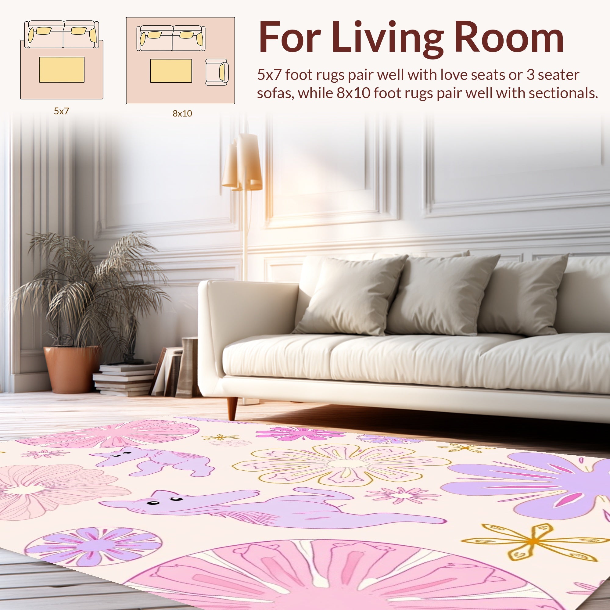 Playful Purple Animal Flower Pattern Rug