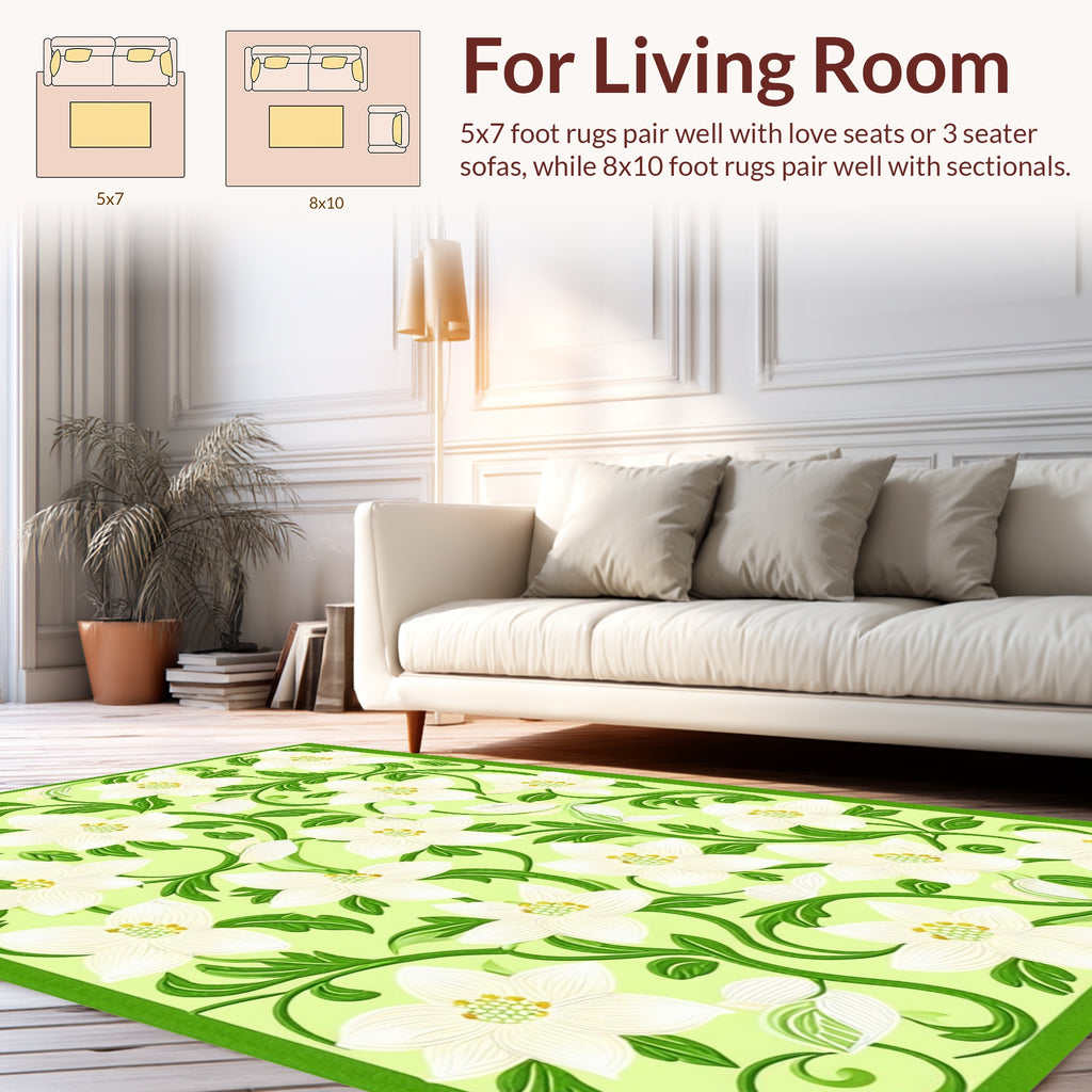 White Floral Green Vine Pattern Rug