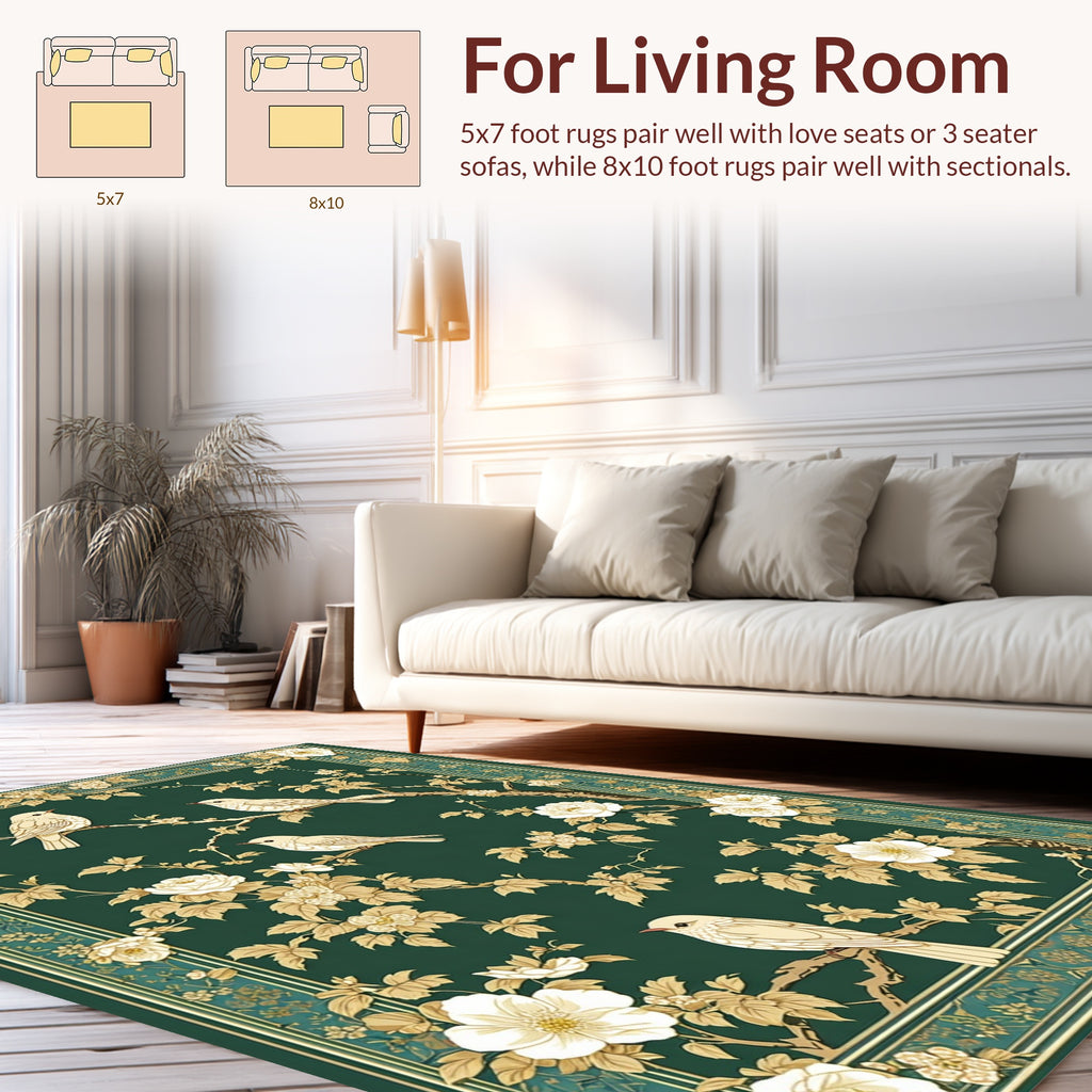 Emerald Bird Floral Garden Pattern Rug