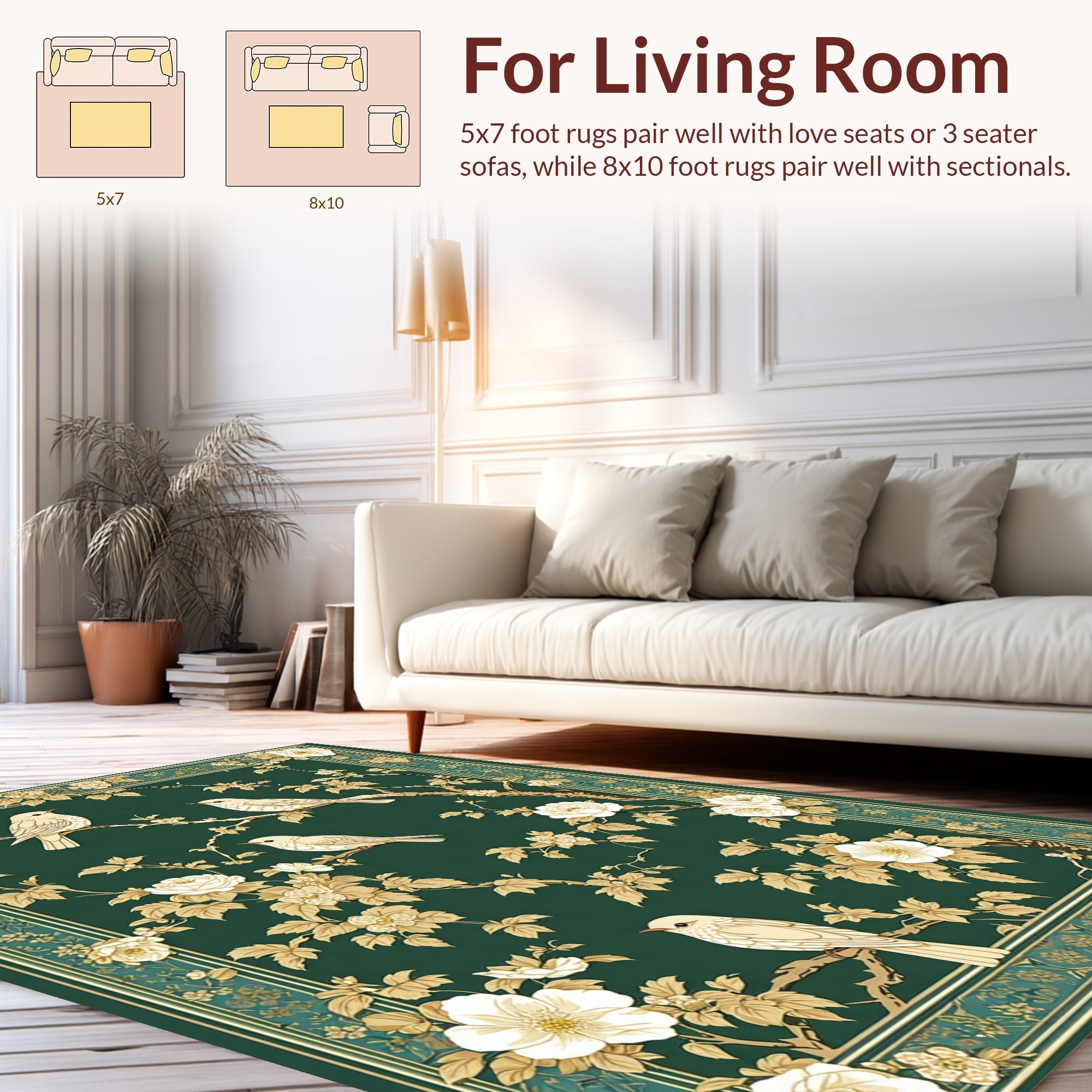 Emerald Bird Floral Garden Pattern Rug