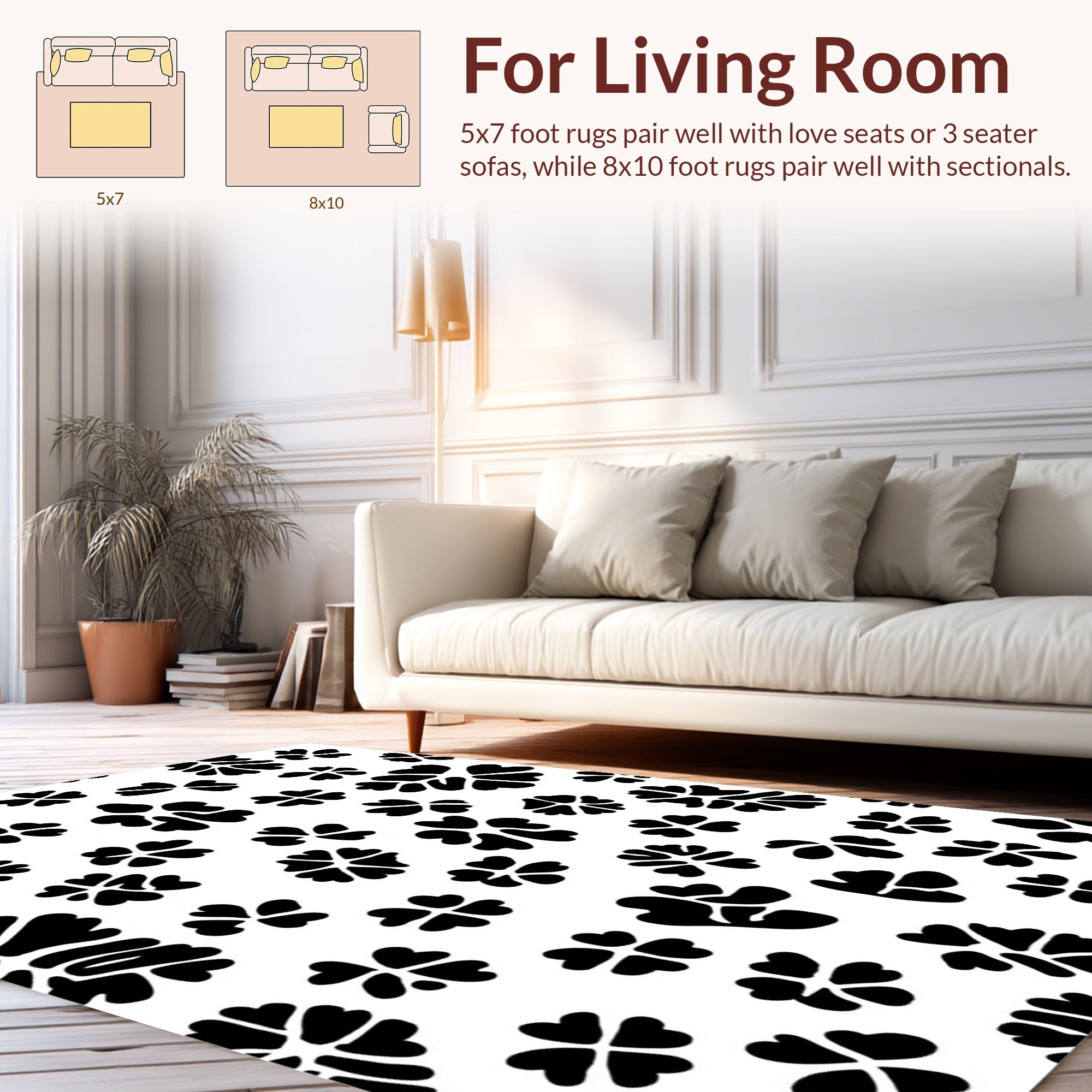 Bold Floral Motif Black White Rug
