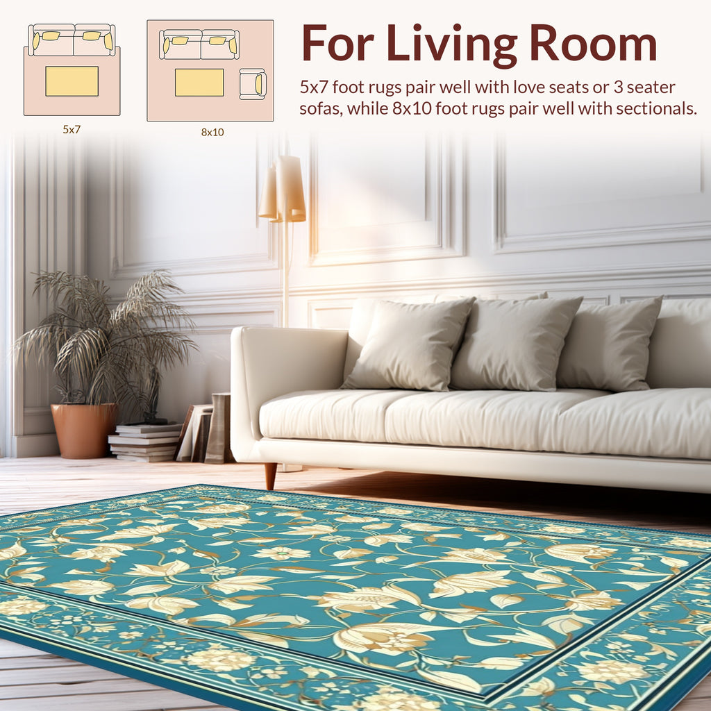 Teal Floral Vines Artistically Designed Rug