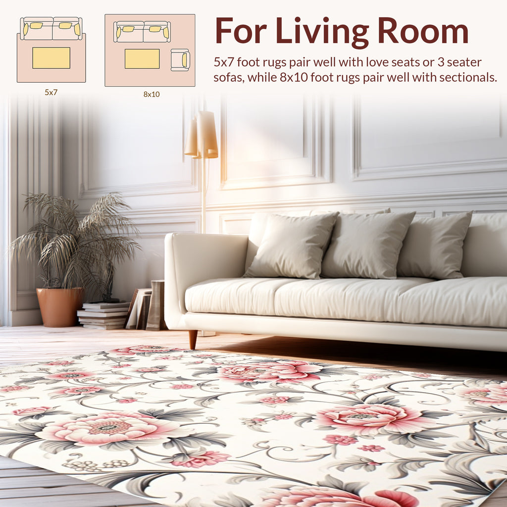 Elegant Pink Peony Floral Vine Design Rug