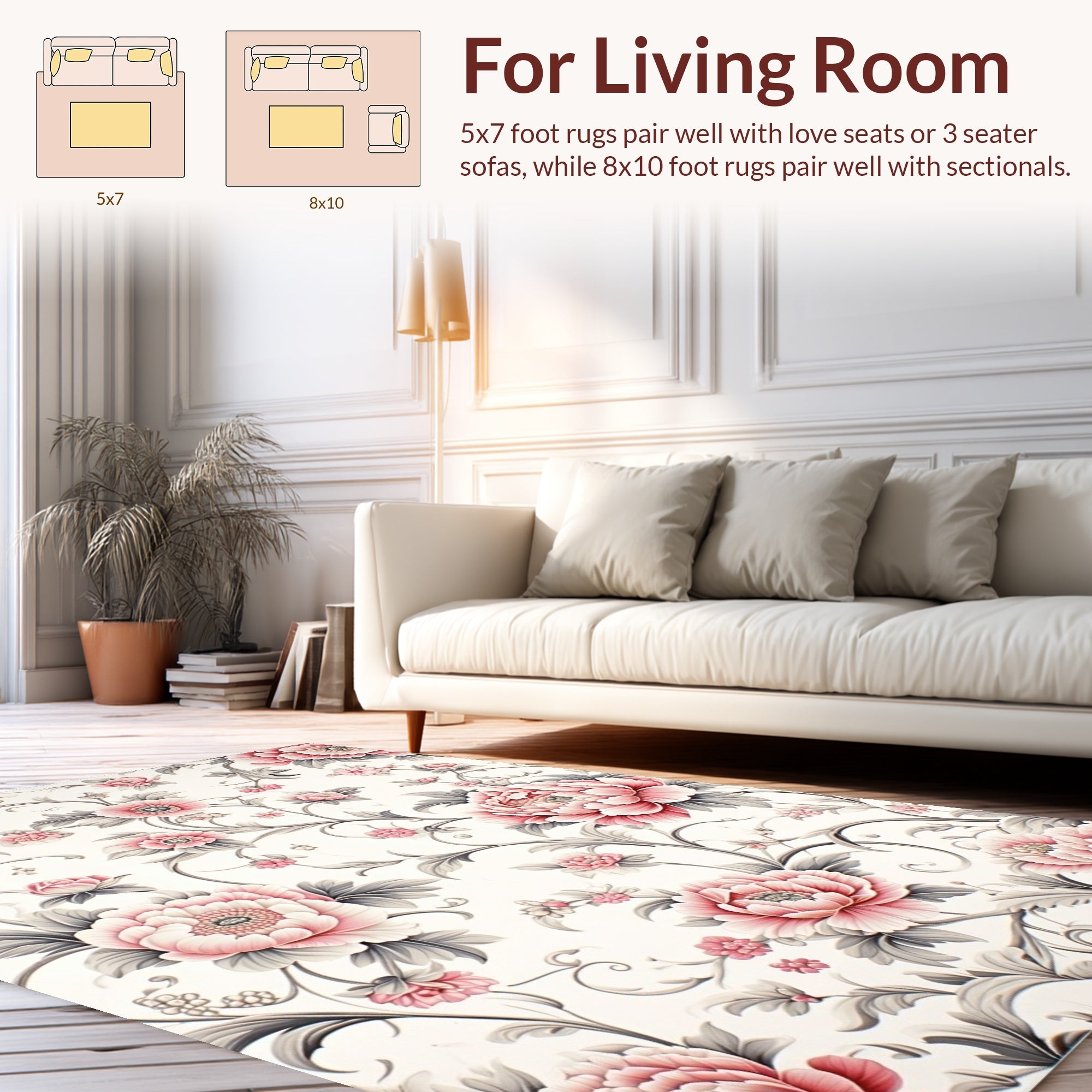 Elegant Pink Peony Floral Vine Design Rug