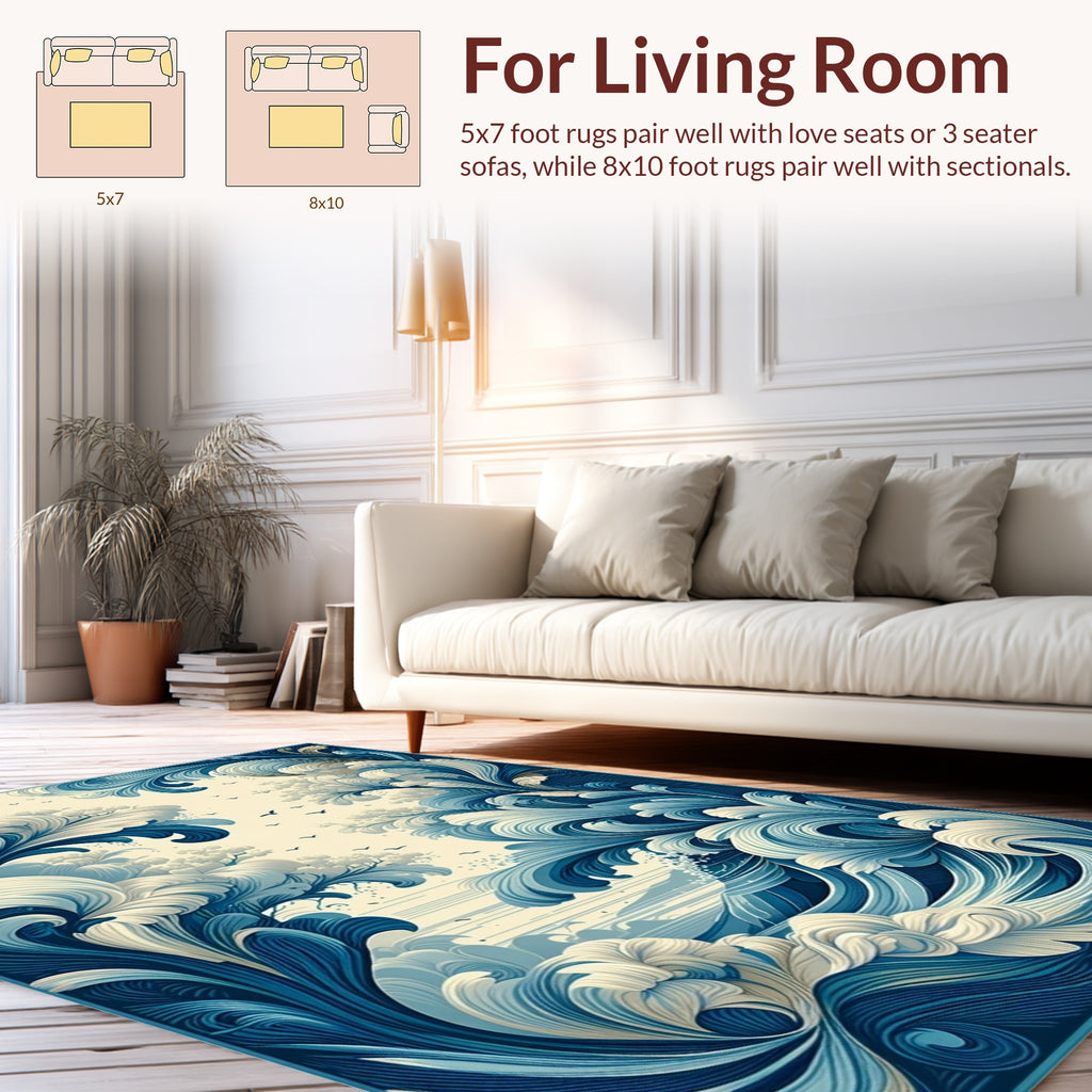 Dynamic Blue White Swirling Waves Rug
