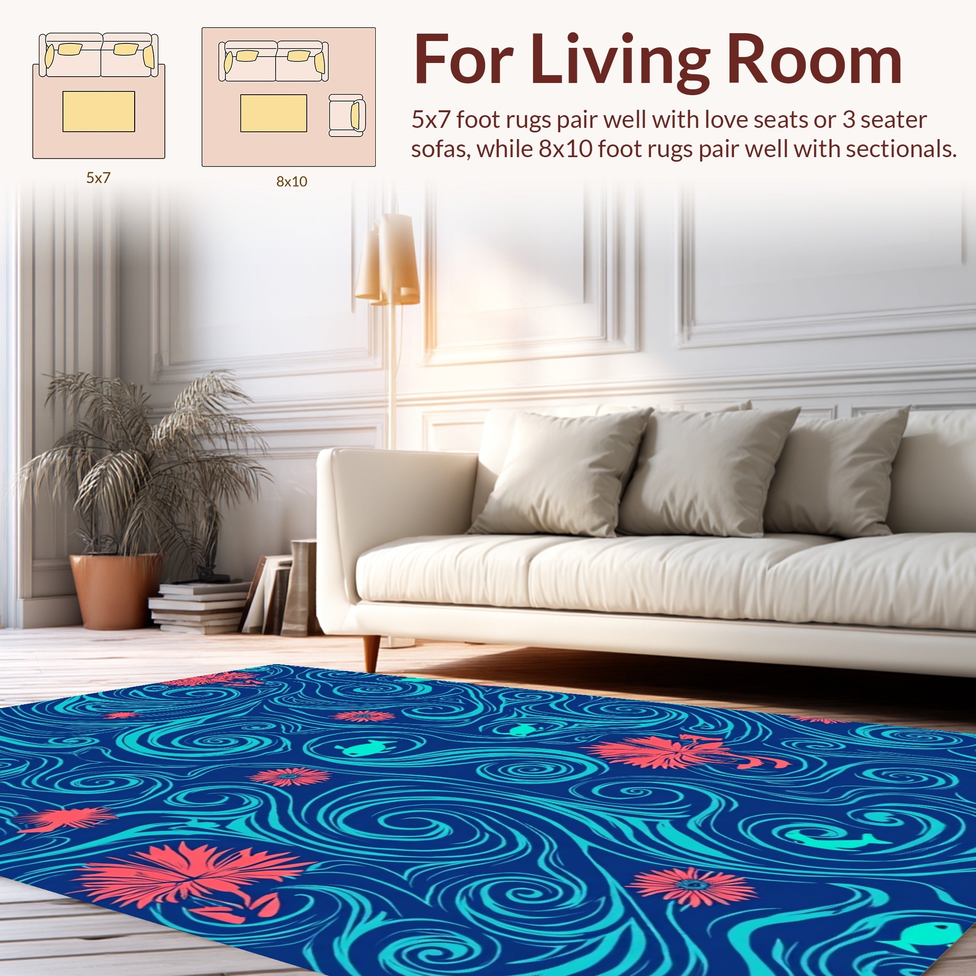 Oceanic Swirls And Floral Motifs Rug