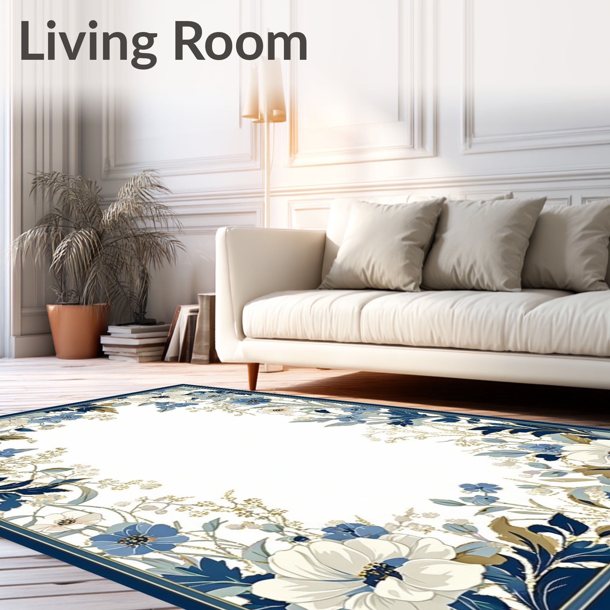 White Blue Floral Botanical Design Rug
