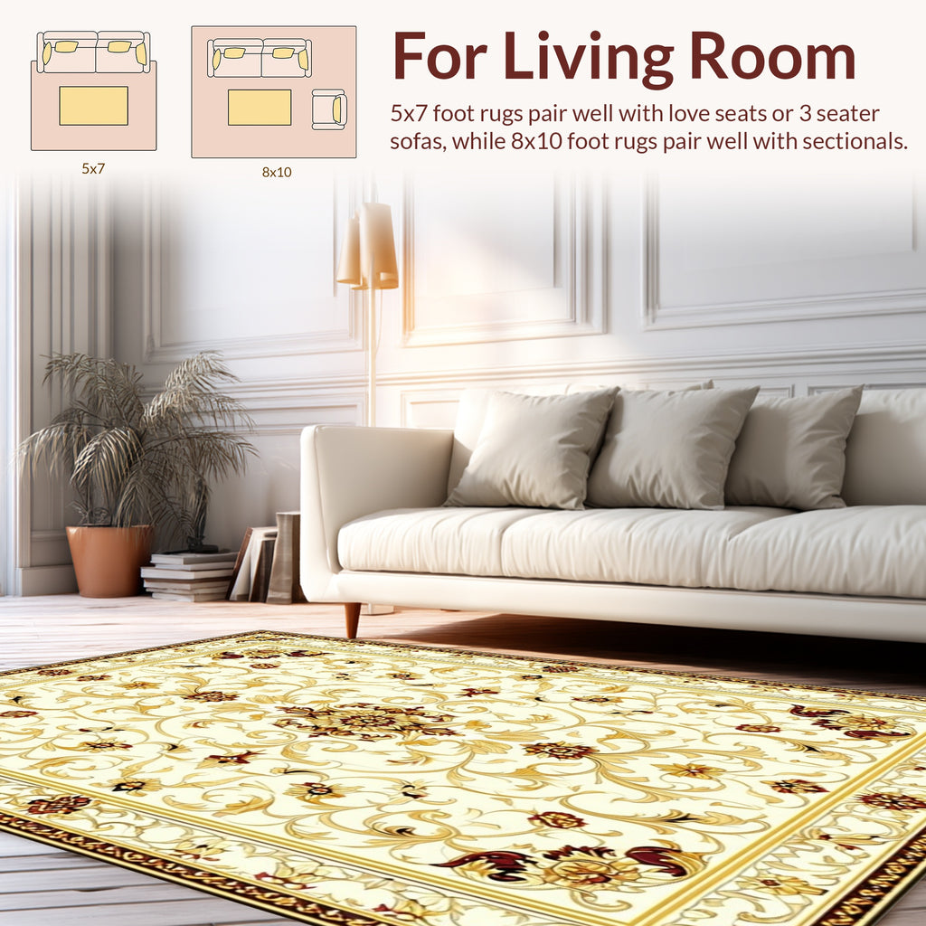 Ornate Floral Scrollwork Cream Gold Rug