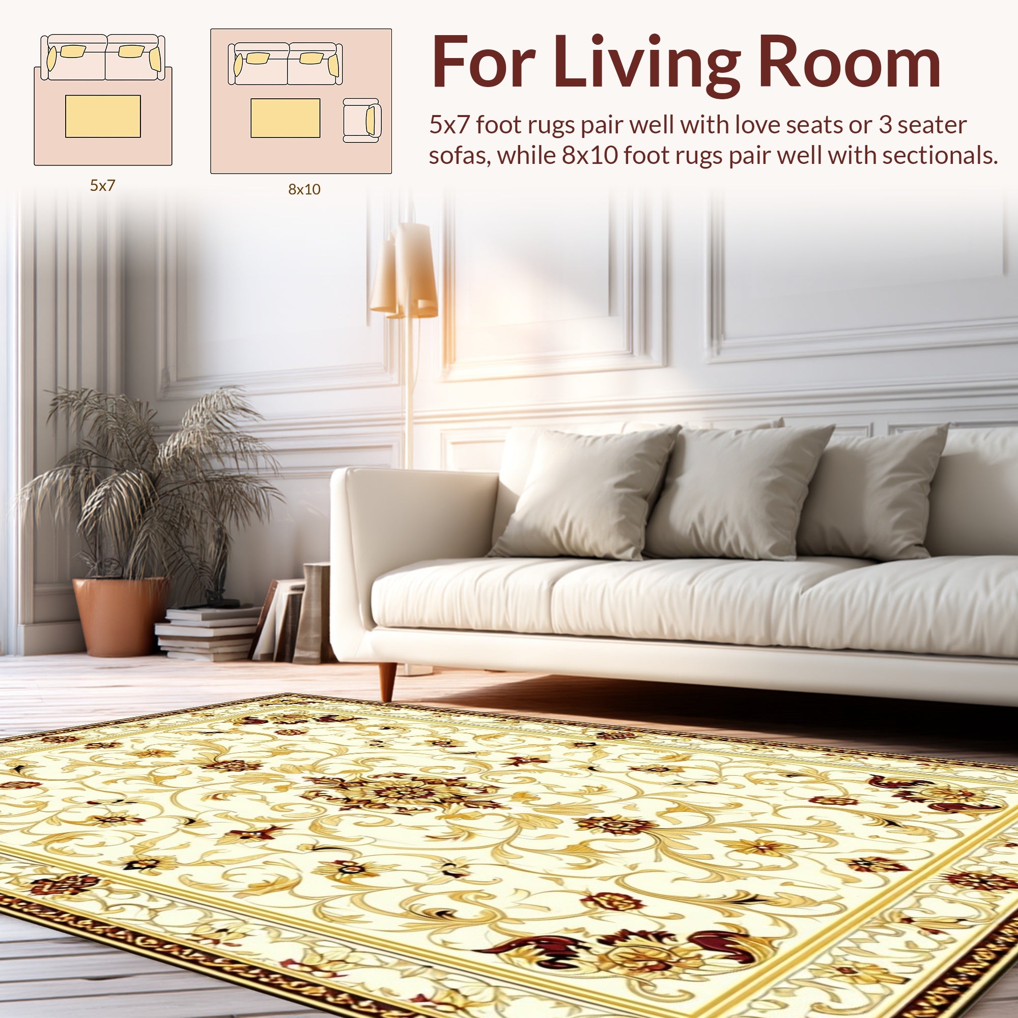 Ornate Floral Scrollwork Cream Gold Rug