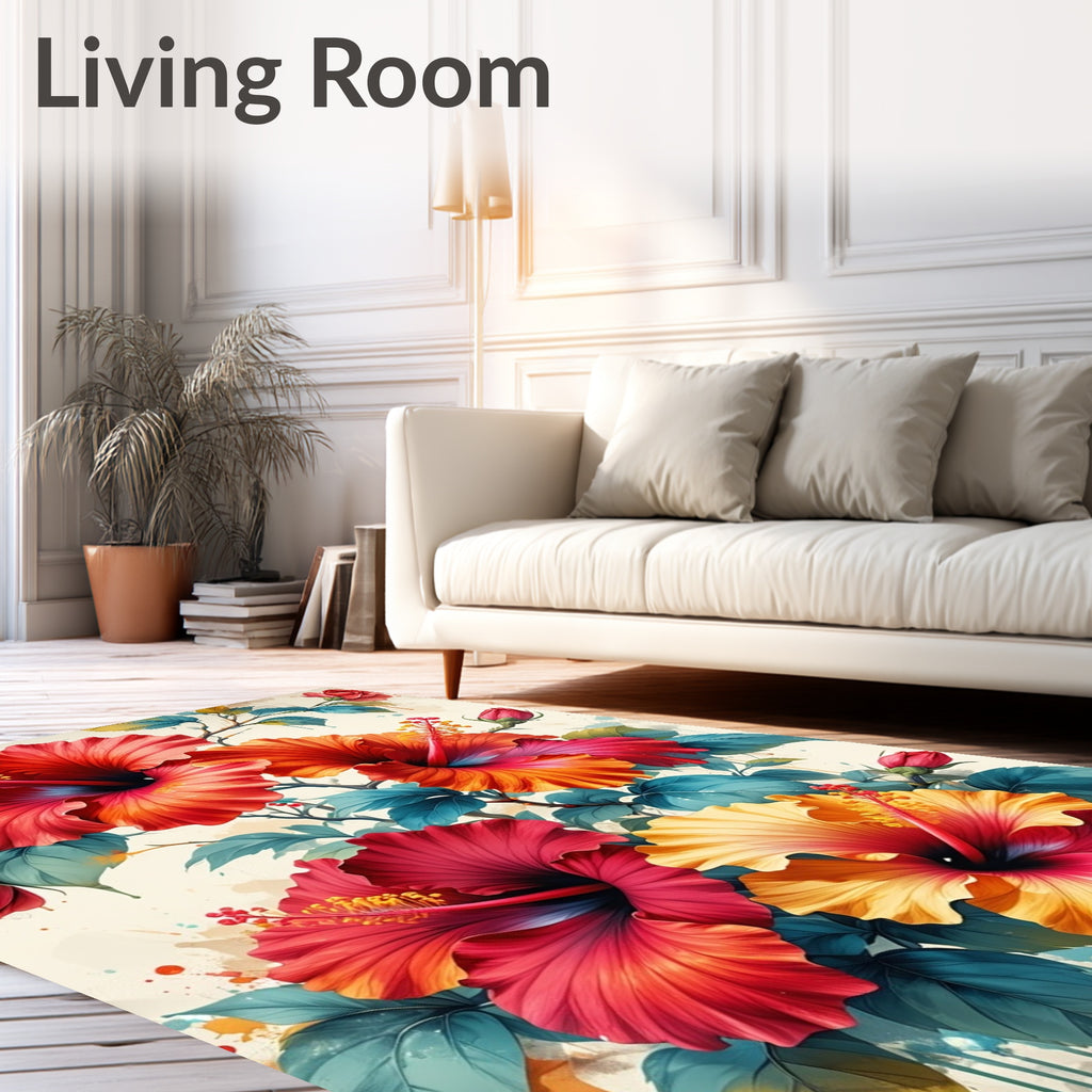 Vibrant Tropical Hibiscus Floral Print Rug