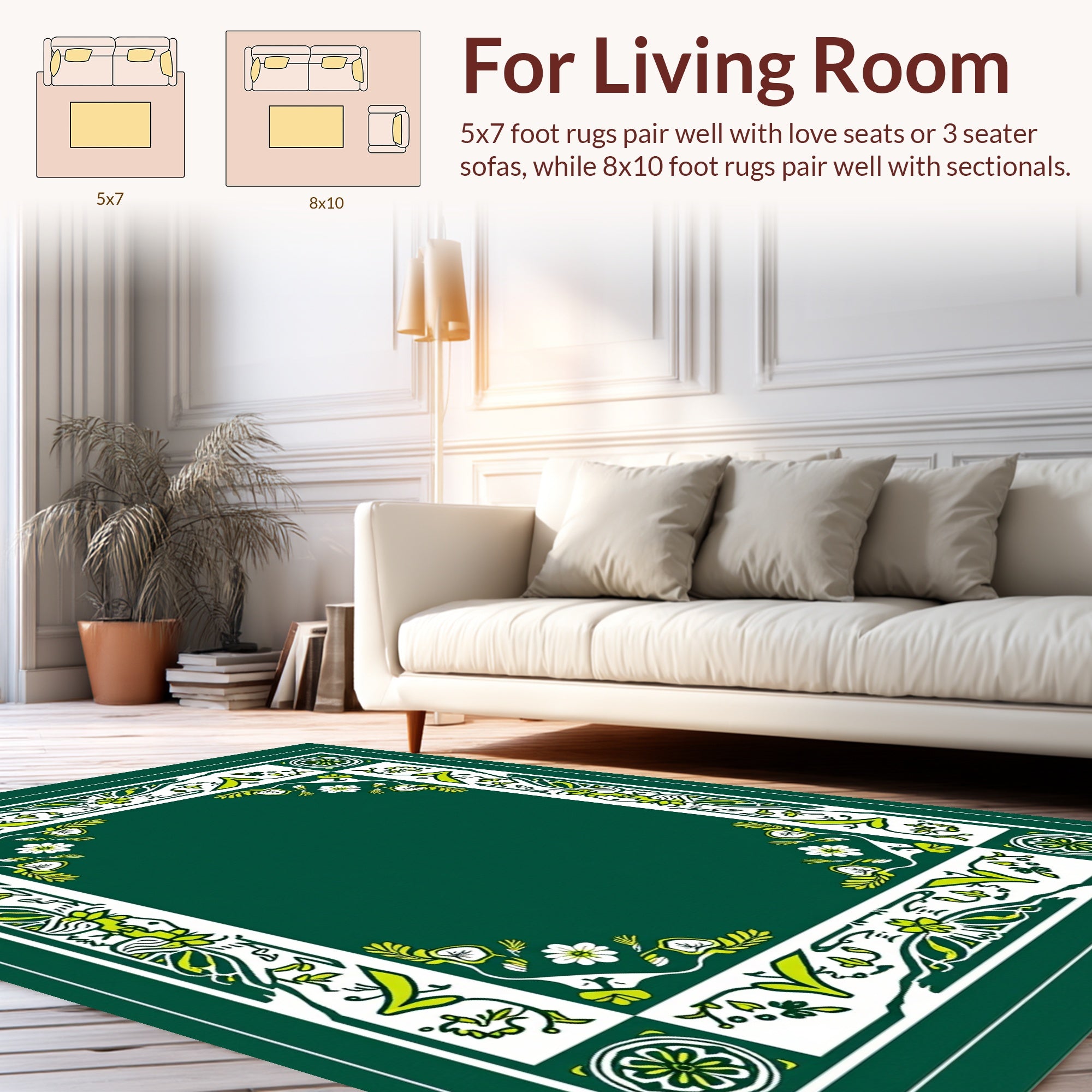 Green Floral Border Artwork Design Rug