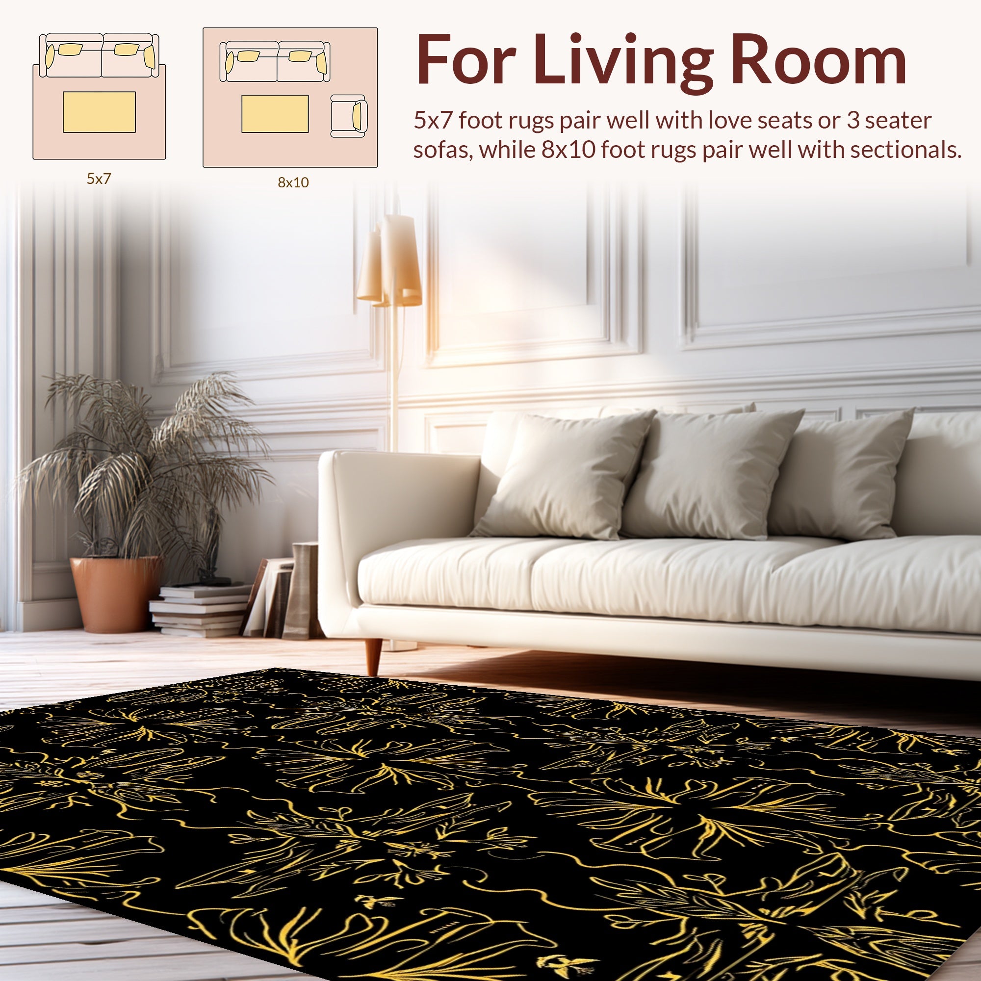 Stylized Golden Floral Repeat Pattern Rug