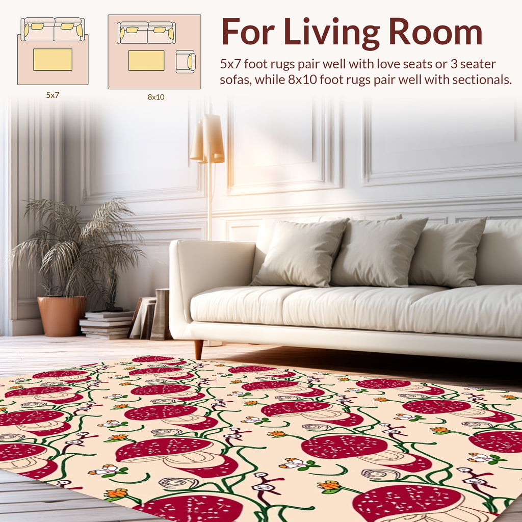 Whimsical Red Mushroom Floral Pattern Rug