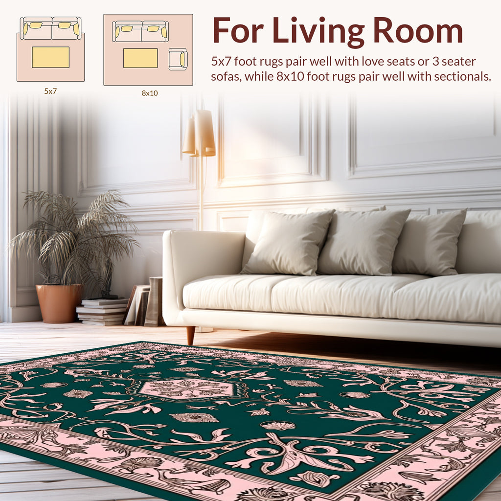 Emerald And Pink Floral Art Nouveau Rug