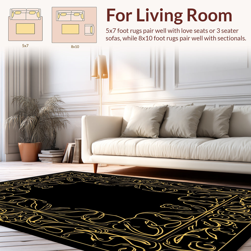Ornate Gold Flourish Border Design Rug