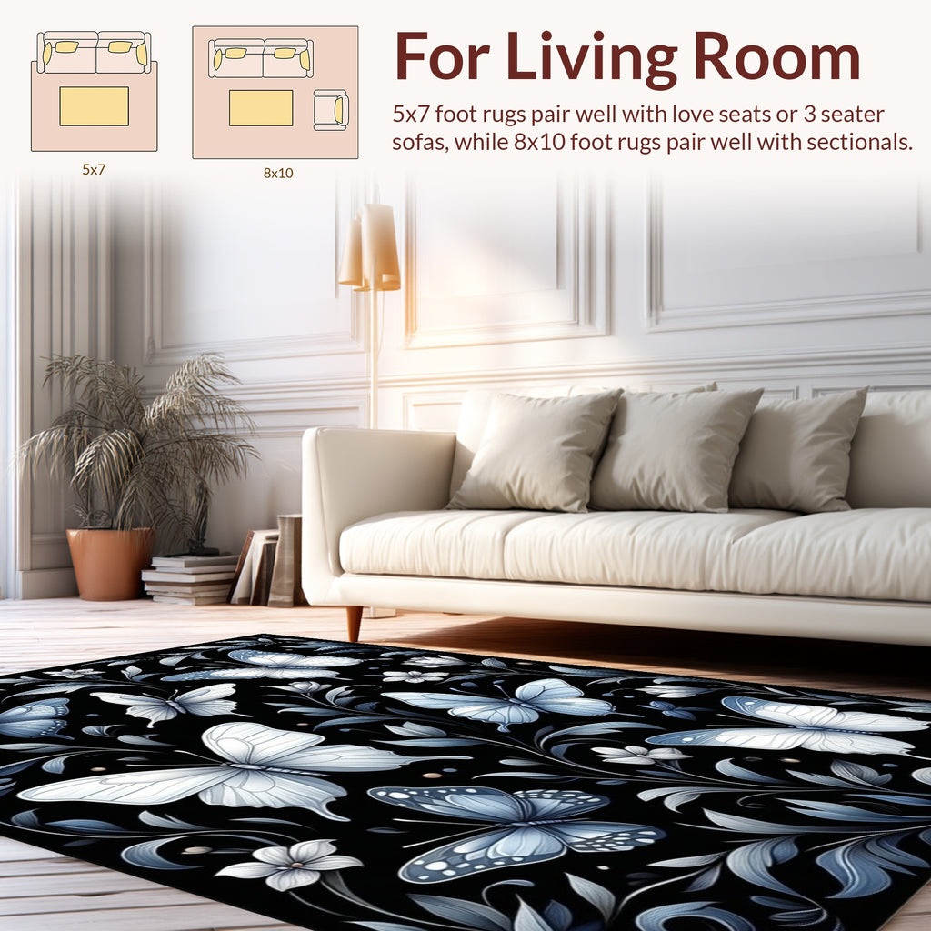Elegant Blue Butterfly Floral Pattern Rug