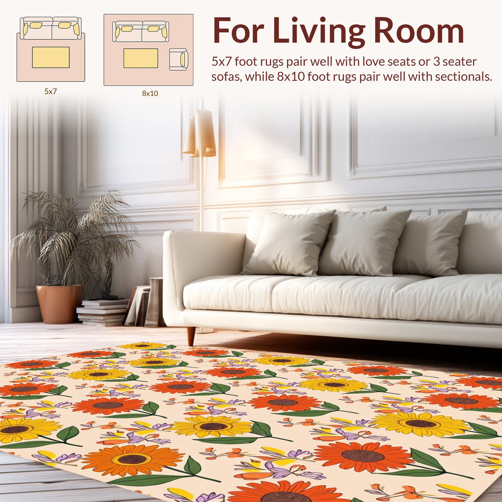 Retro Floral Sunflowers and Leaves Rug