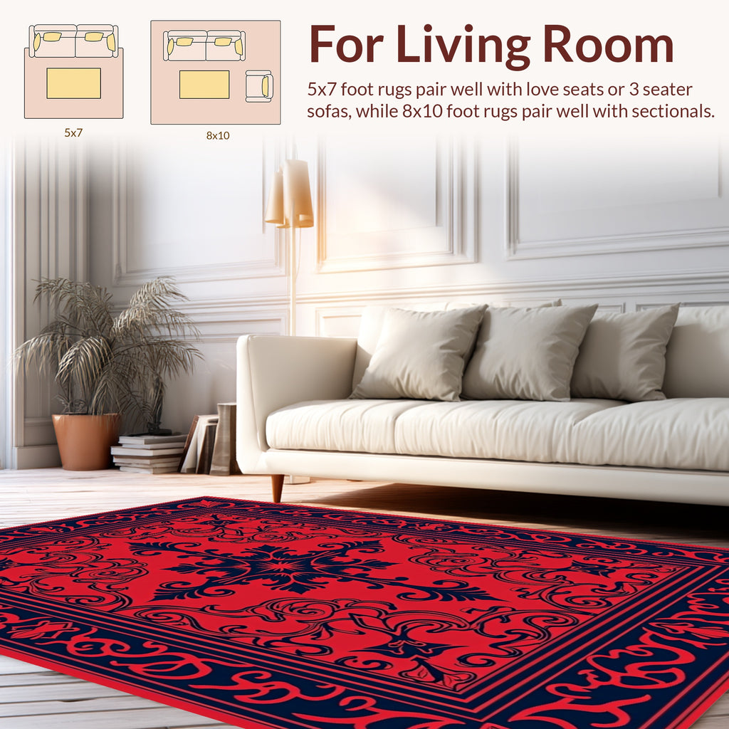 Red And Navy Scrollwork Mandala Pattern Rug