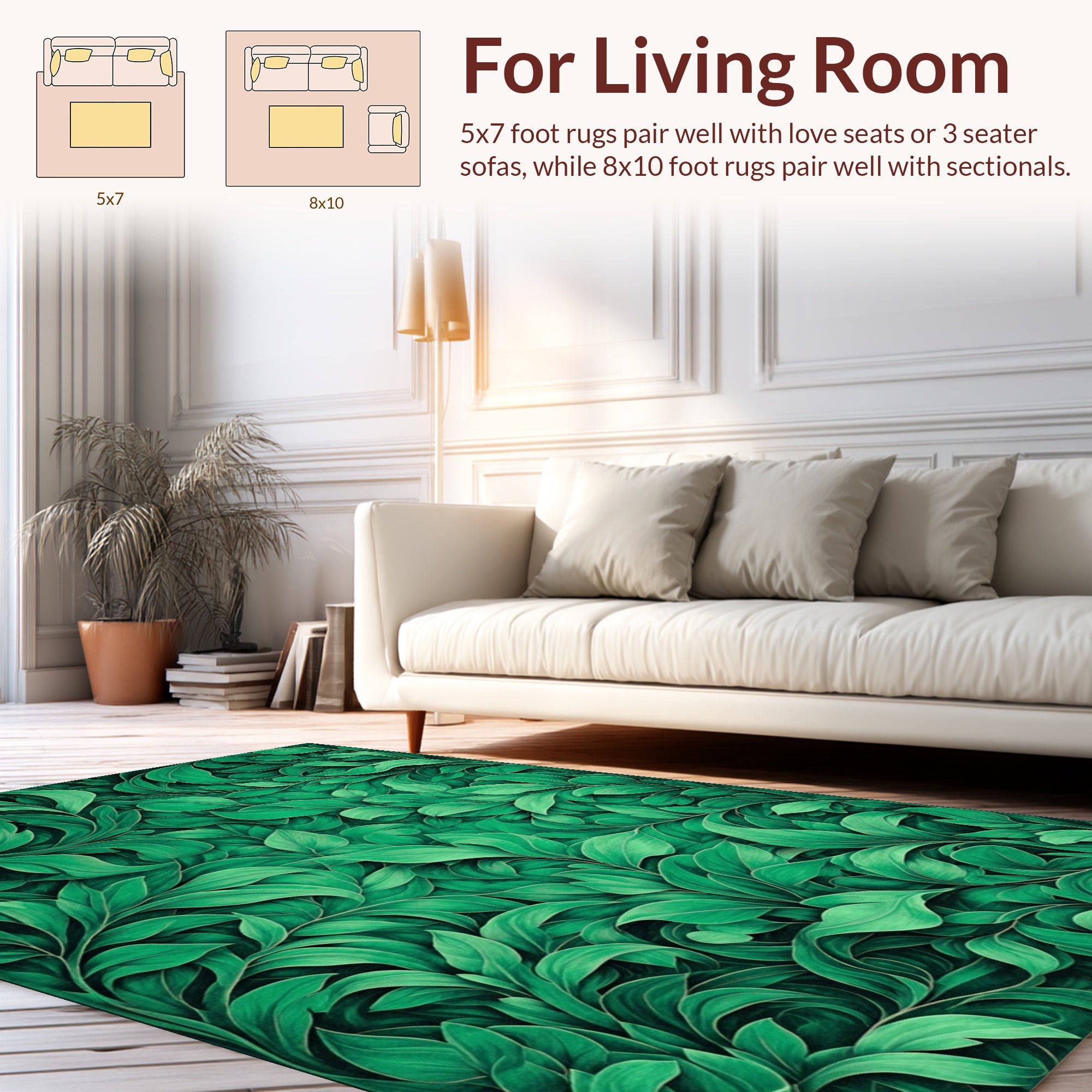 Lush Green Leaf Scroll Pattern Rug