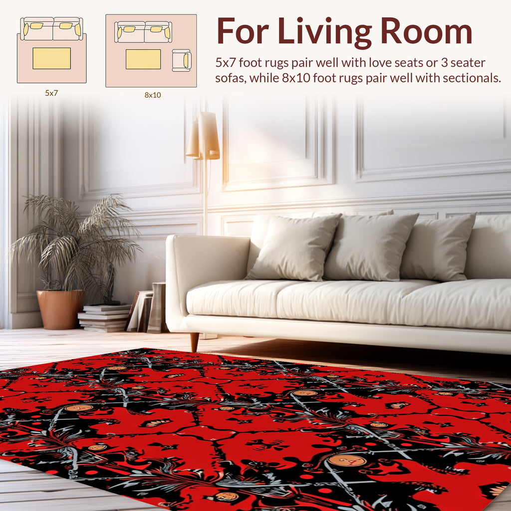 Intricate Red Black Floral Pattern Rug