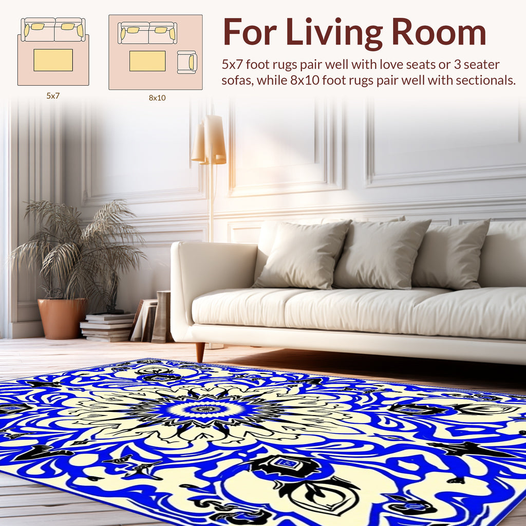 Bold Blue Black Floral Mandala Design Rug