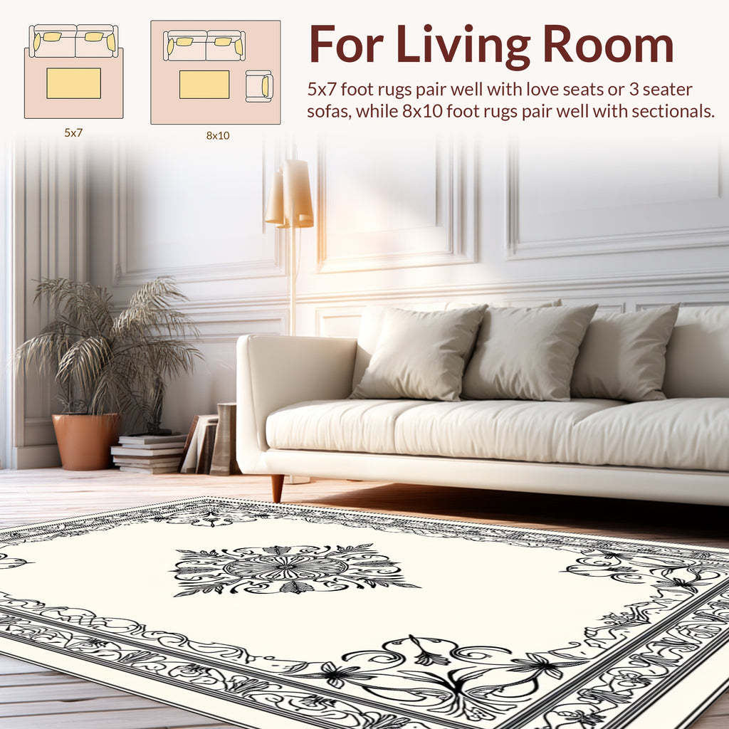 Elegant Black Floral Frame Design Rug