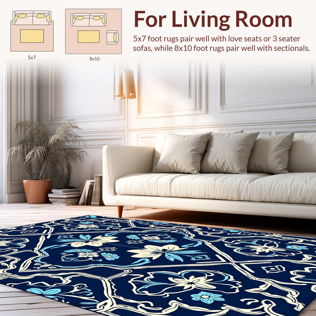 Blue Cream Floral Overlay Pattern Rug