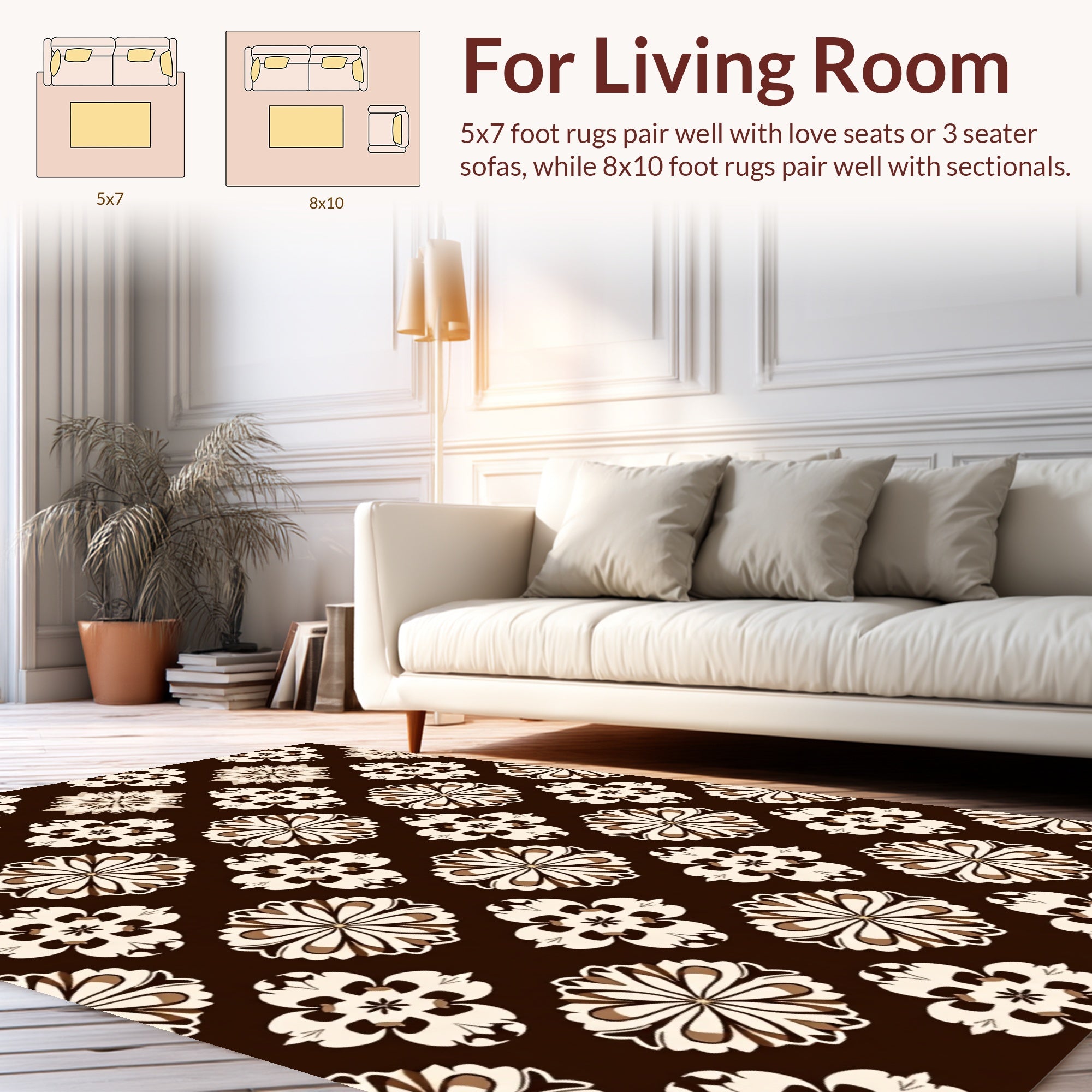 Floral Motif Brown Cream Geometric Pattern Rug