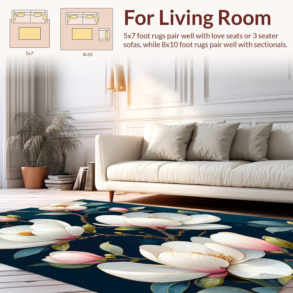 Magnolia Flower Patterned Dark Floral Design Rug