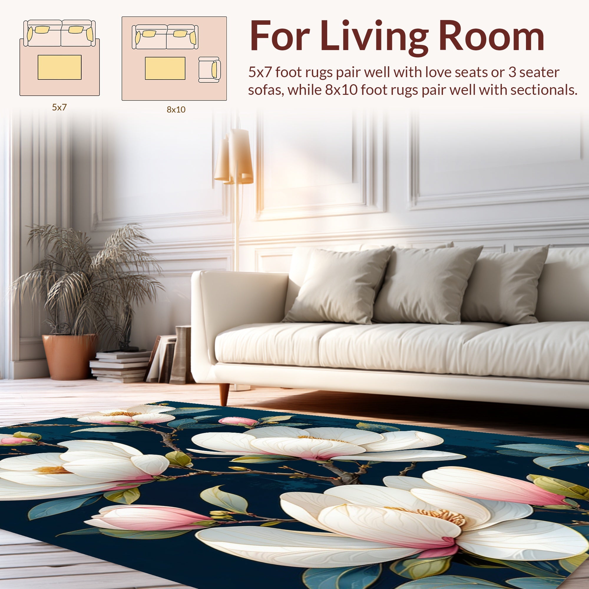 Magnolia Flower Patterned Dark Floral Design Rug