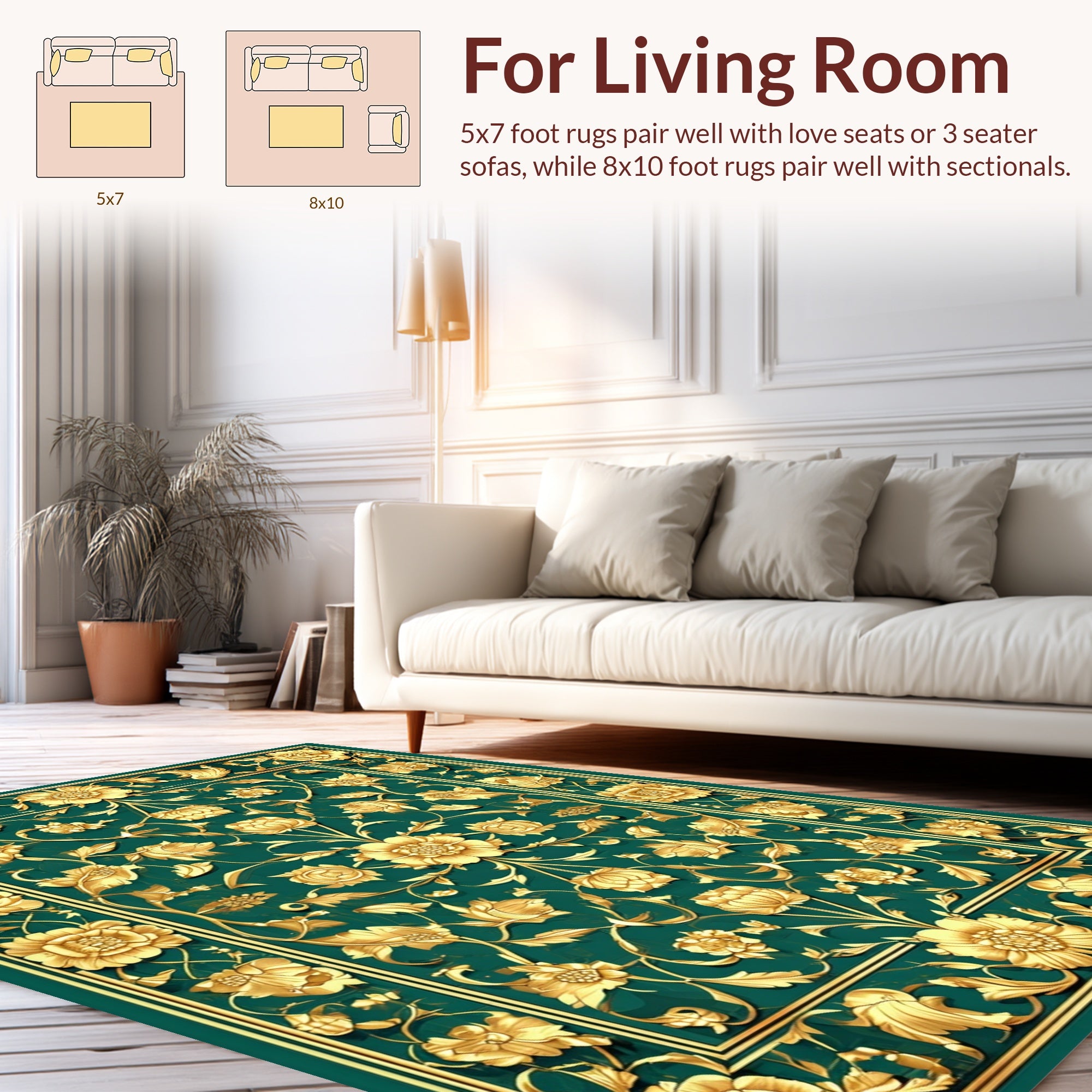 Ornate Floral Emerald Gold Rug