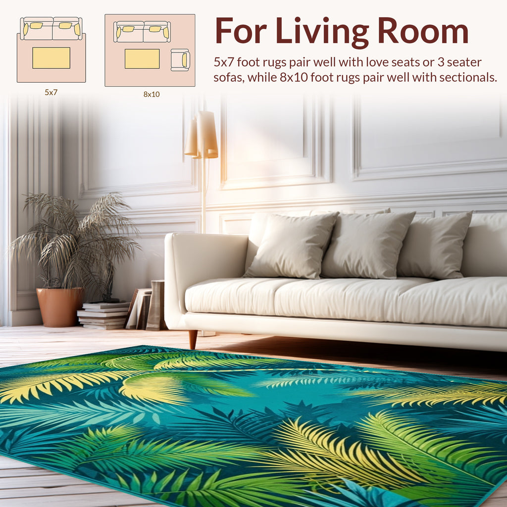 Tropical Jungle Leaf Pattern Teal Rug