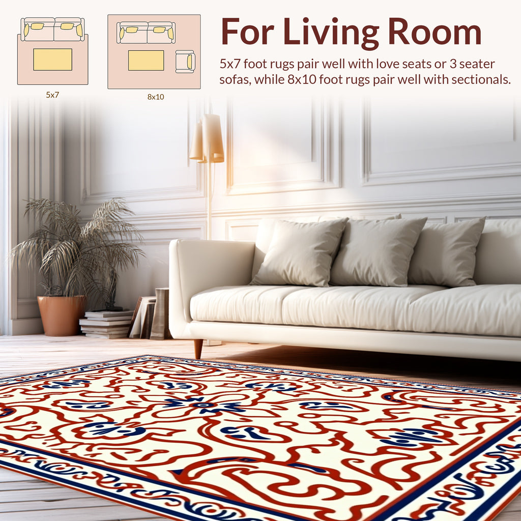 Elegant Red Blue Floral Scroll Rug
