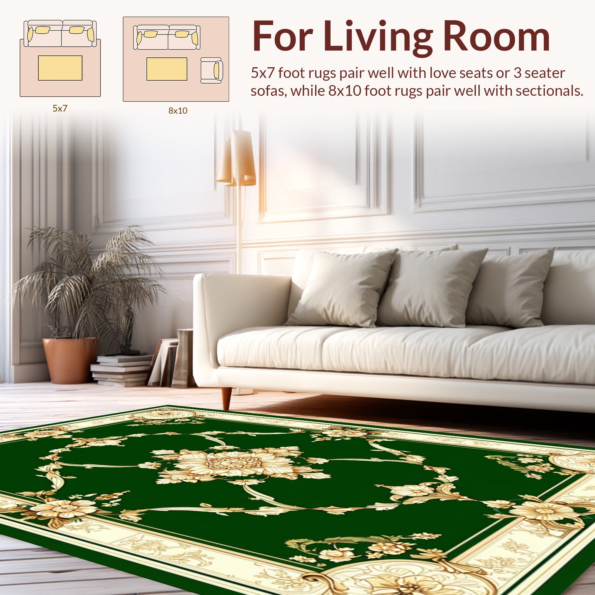 Emerald Green Floral Scroll Pattern Rug