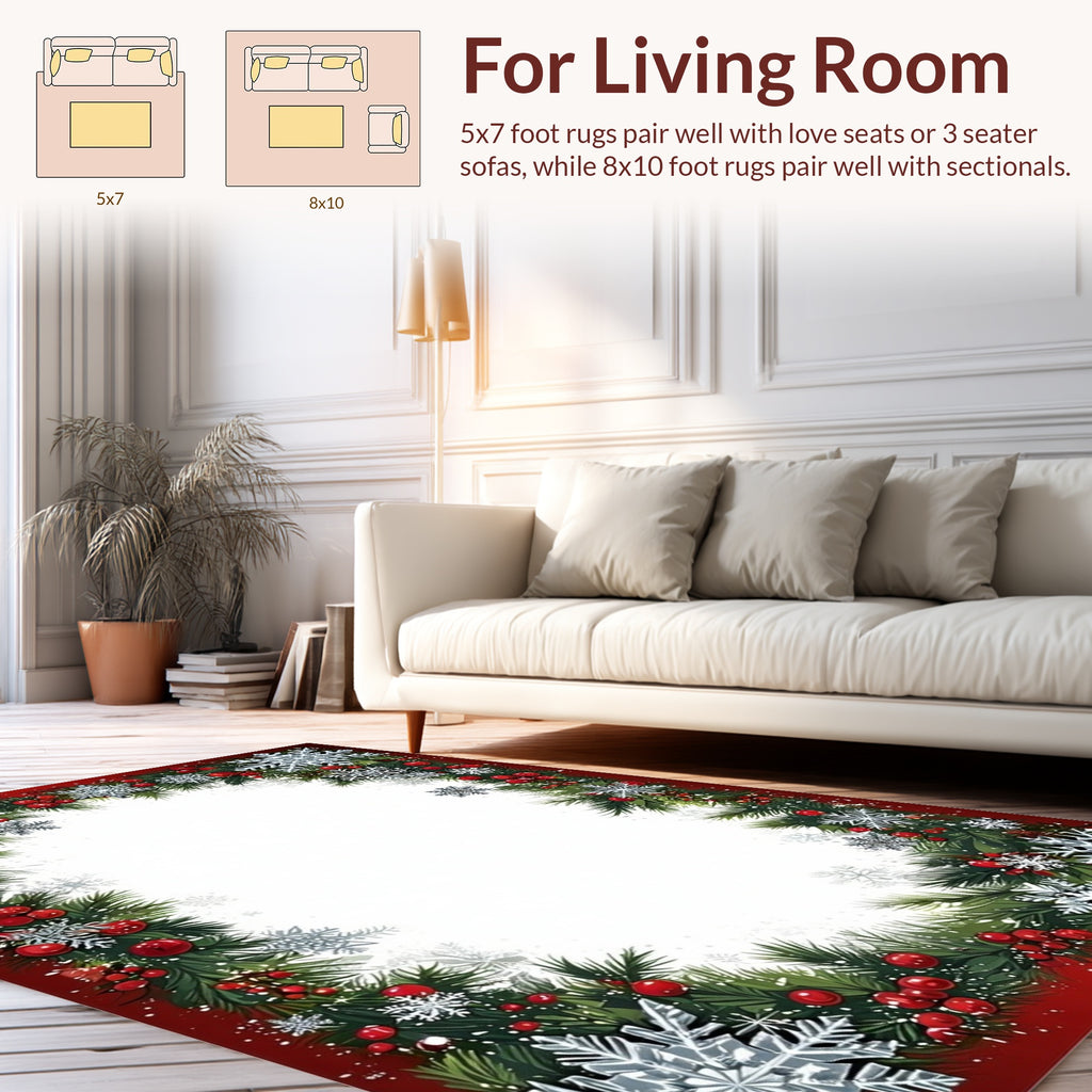 Festive Red White Snowflakes Border Rug