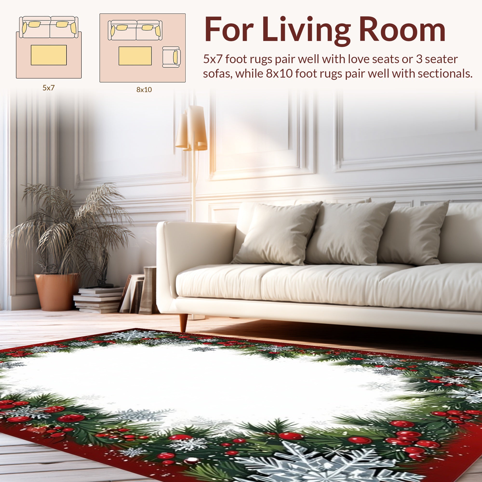 Festive Red White Snowflakes Border Rug
