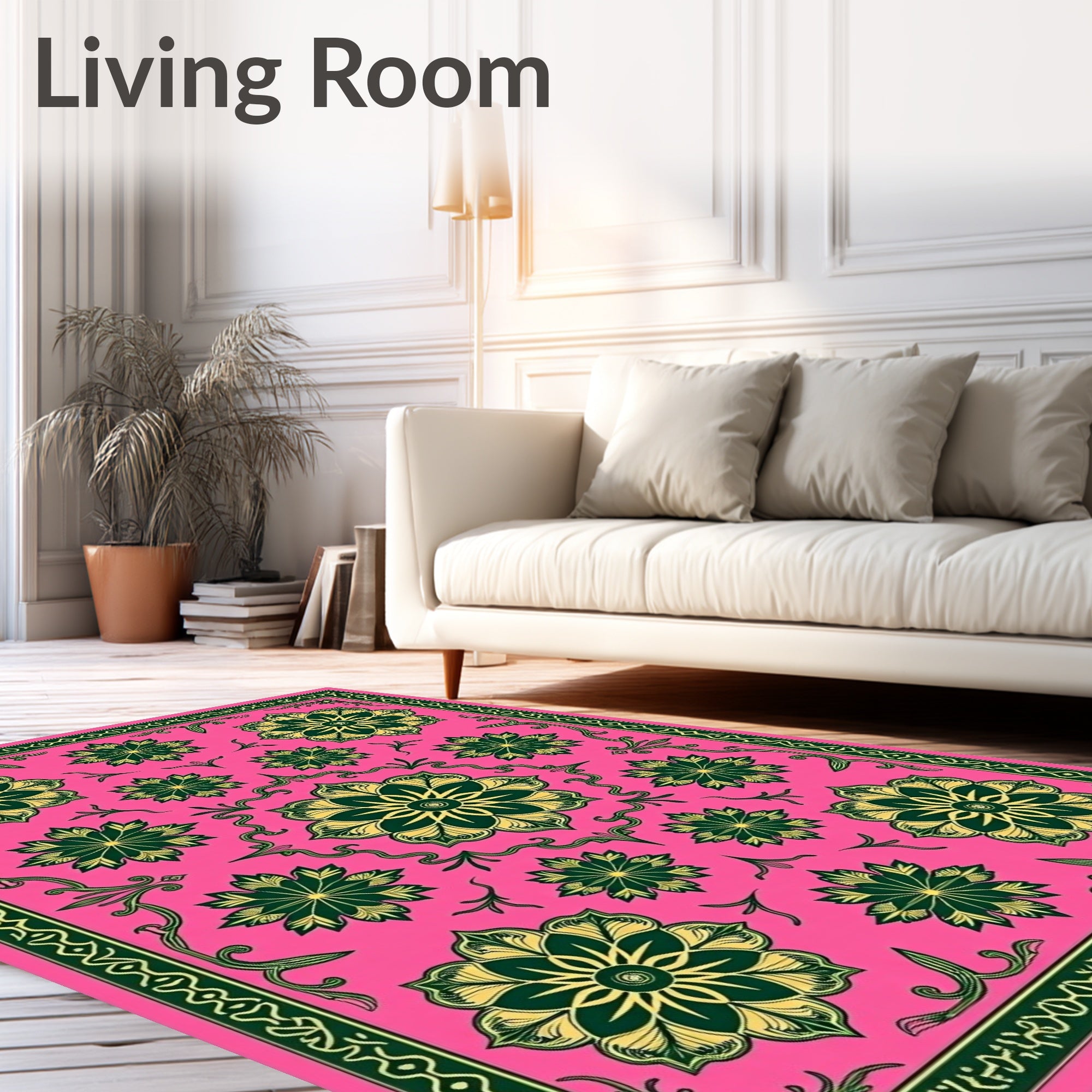 Fuchsia Green Golden Floral Medallion Harmony Rug