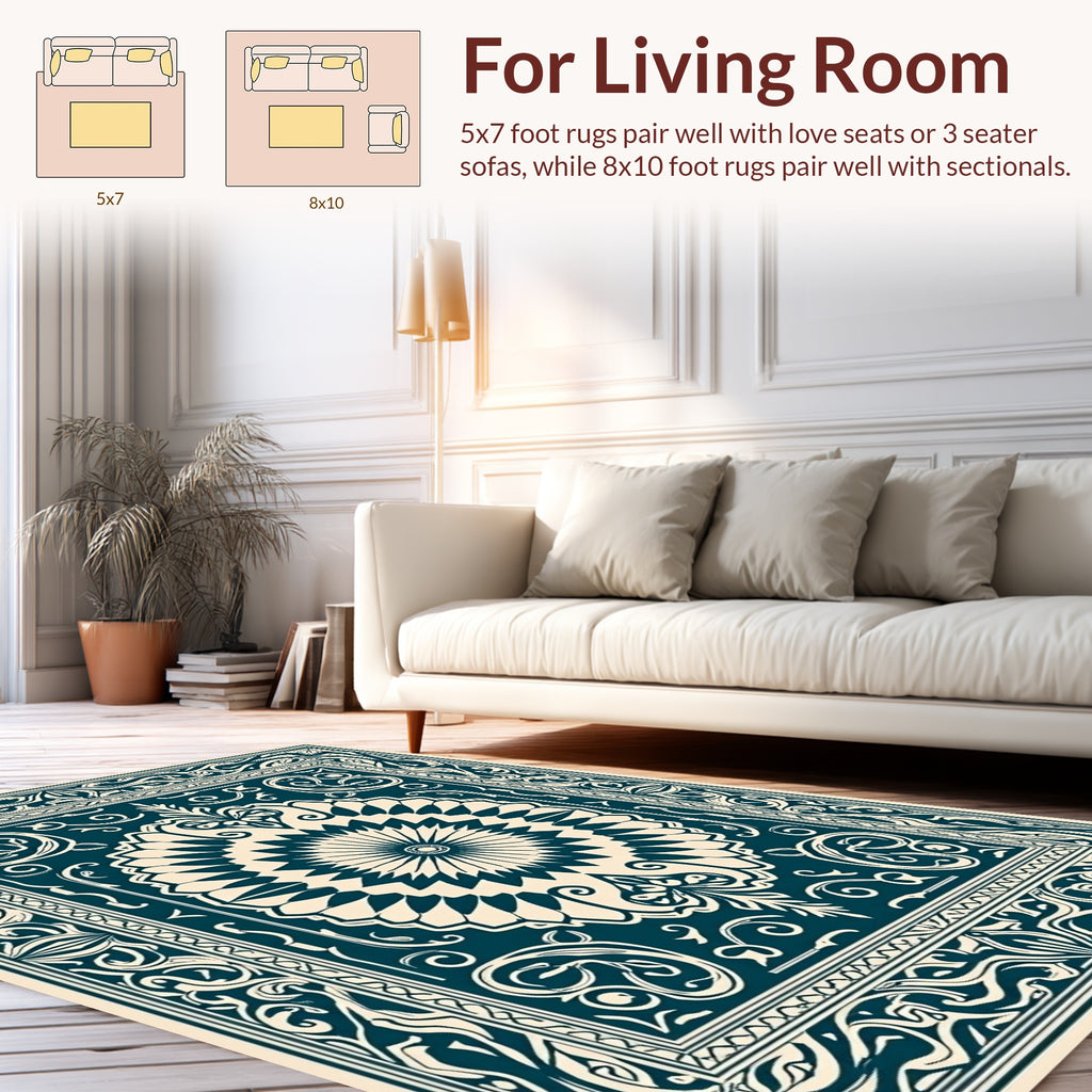 Ornate Teal Cream Mandala Pattern Rug