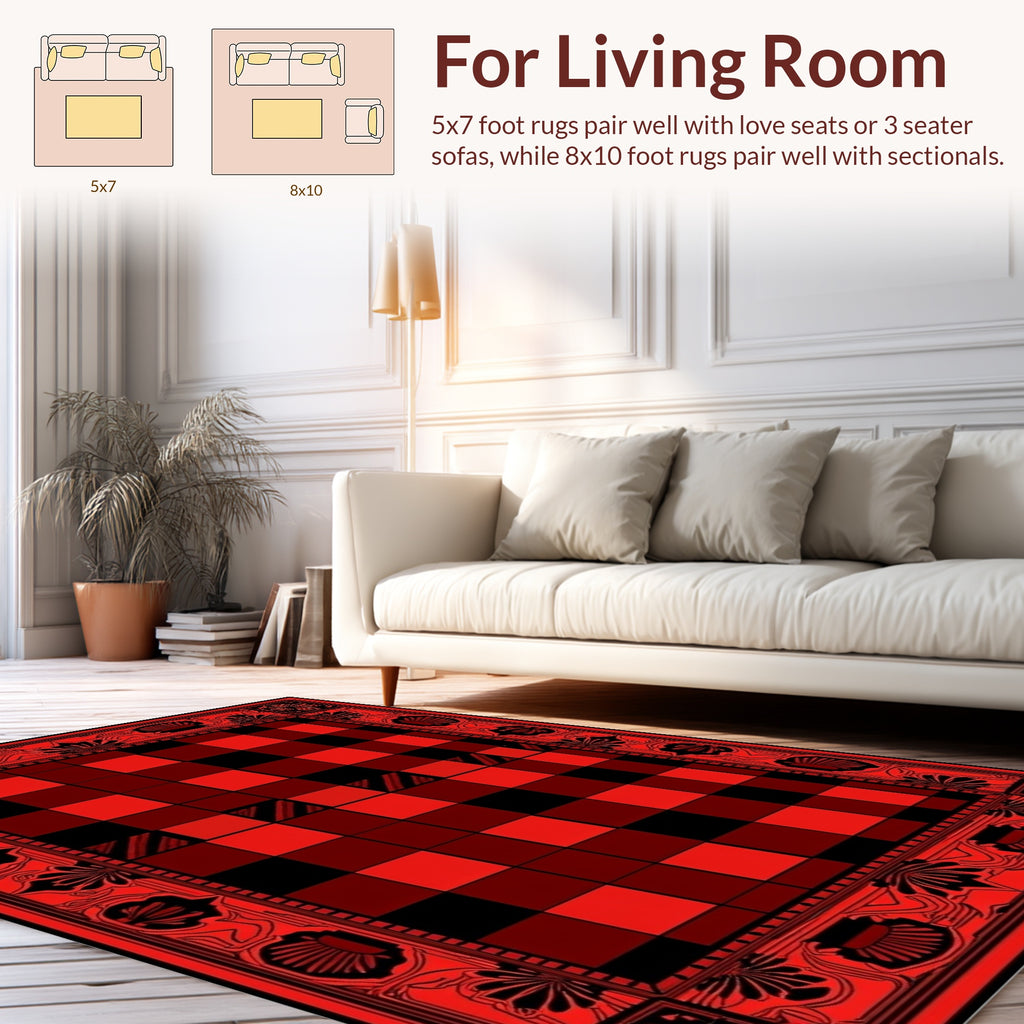 Classic Red Black Checked Border Design Rug