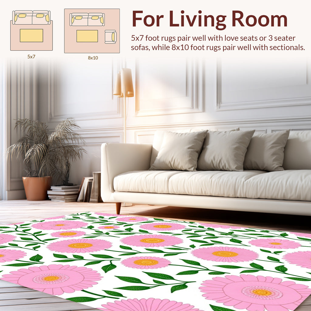 Pink Daisy Pattern With Green Leaves Rug