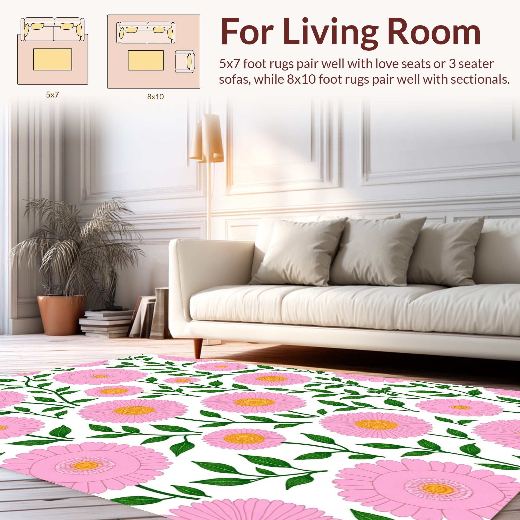 Pink Daisy Pattern With Green Leaves Rug