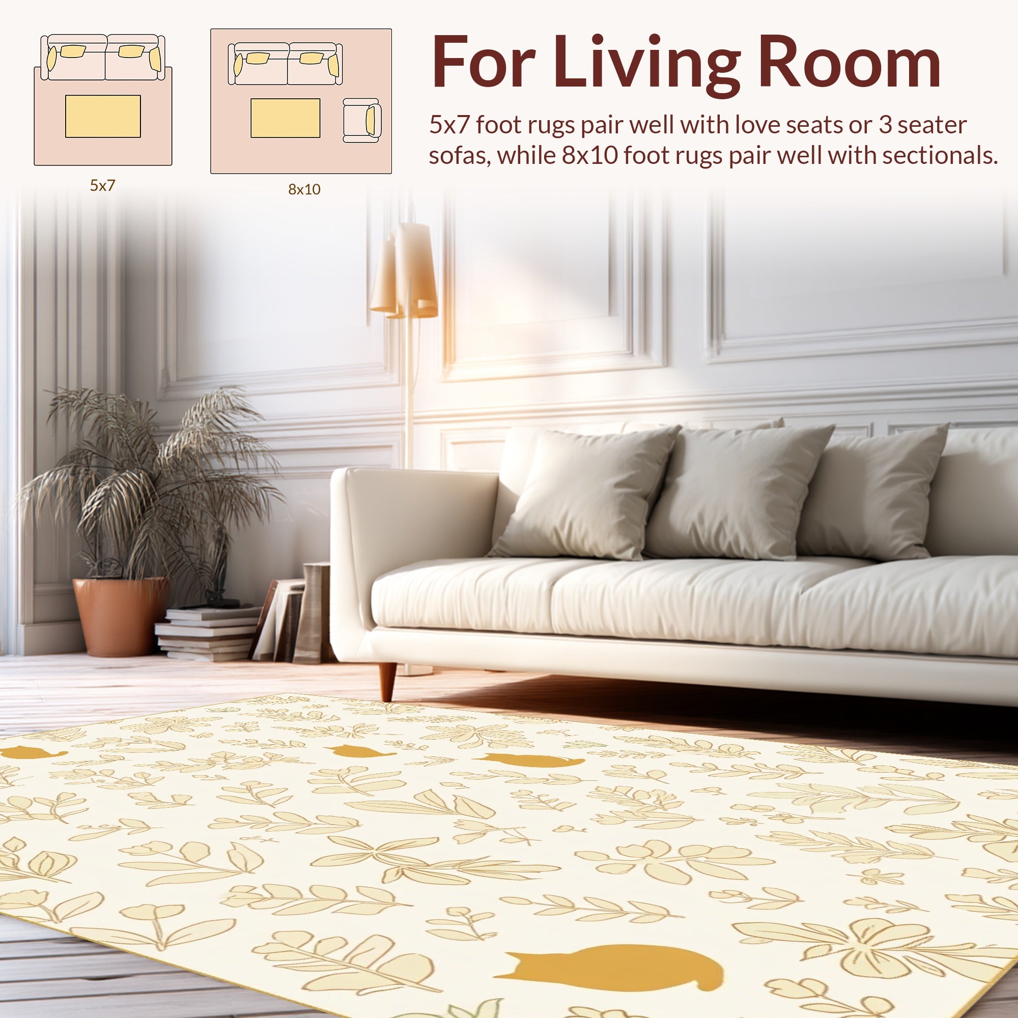 Golden Floral Cat Pattern Rug
