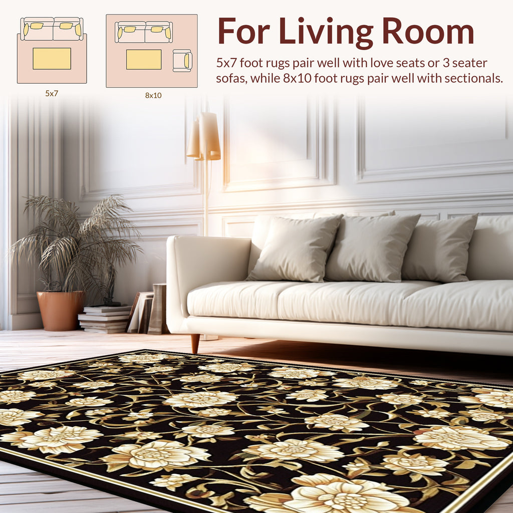 Elegant Black Floral Vine Motif Rug
