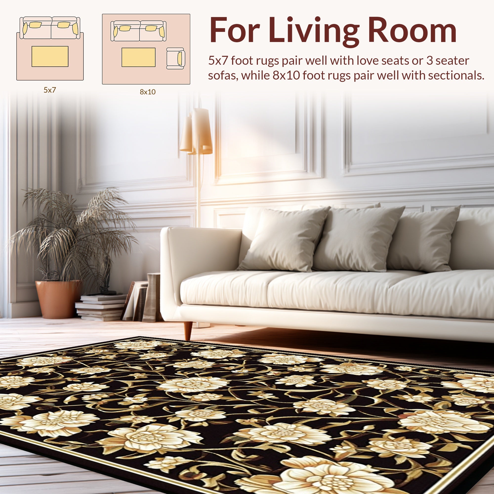 Elegant Black Floral Vine Motif Rug
