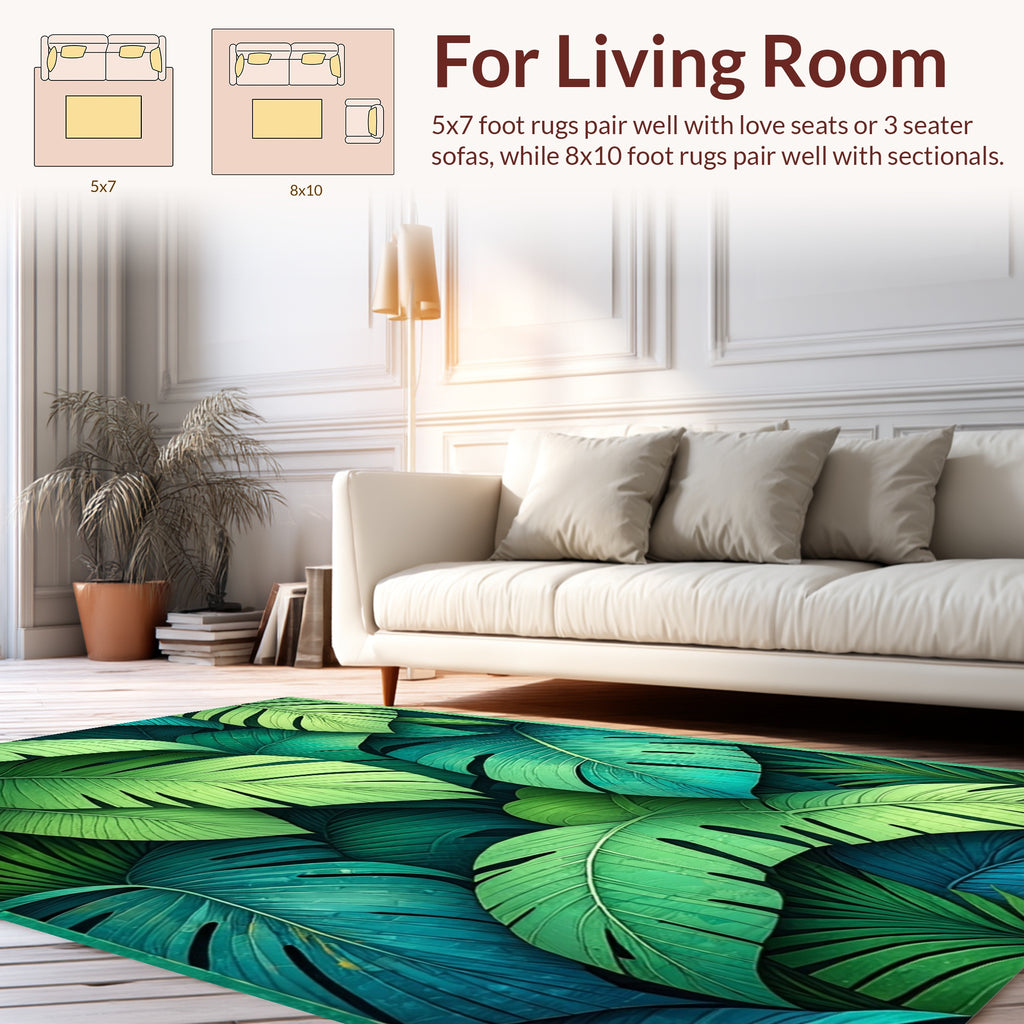Green Tropical Leaf Pattern Rug