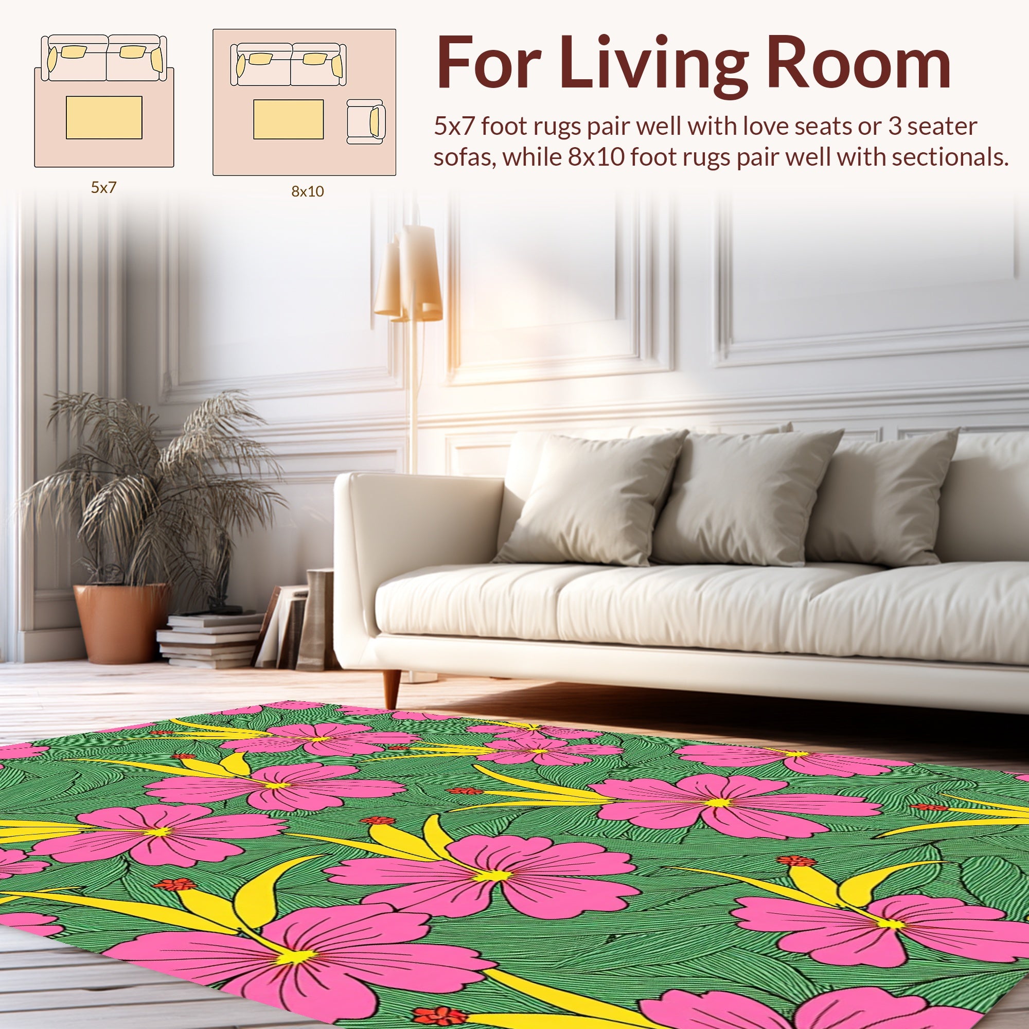 Pink Yellow Floral Patterned Tropical Rug